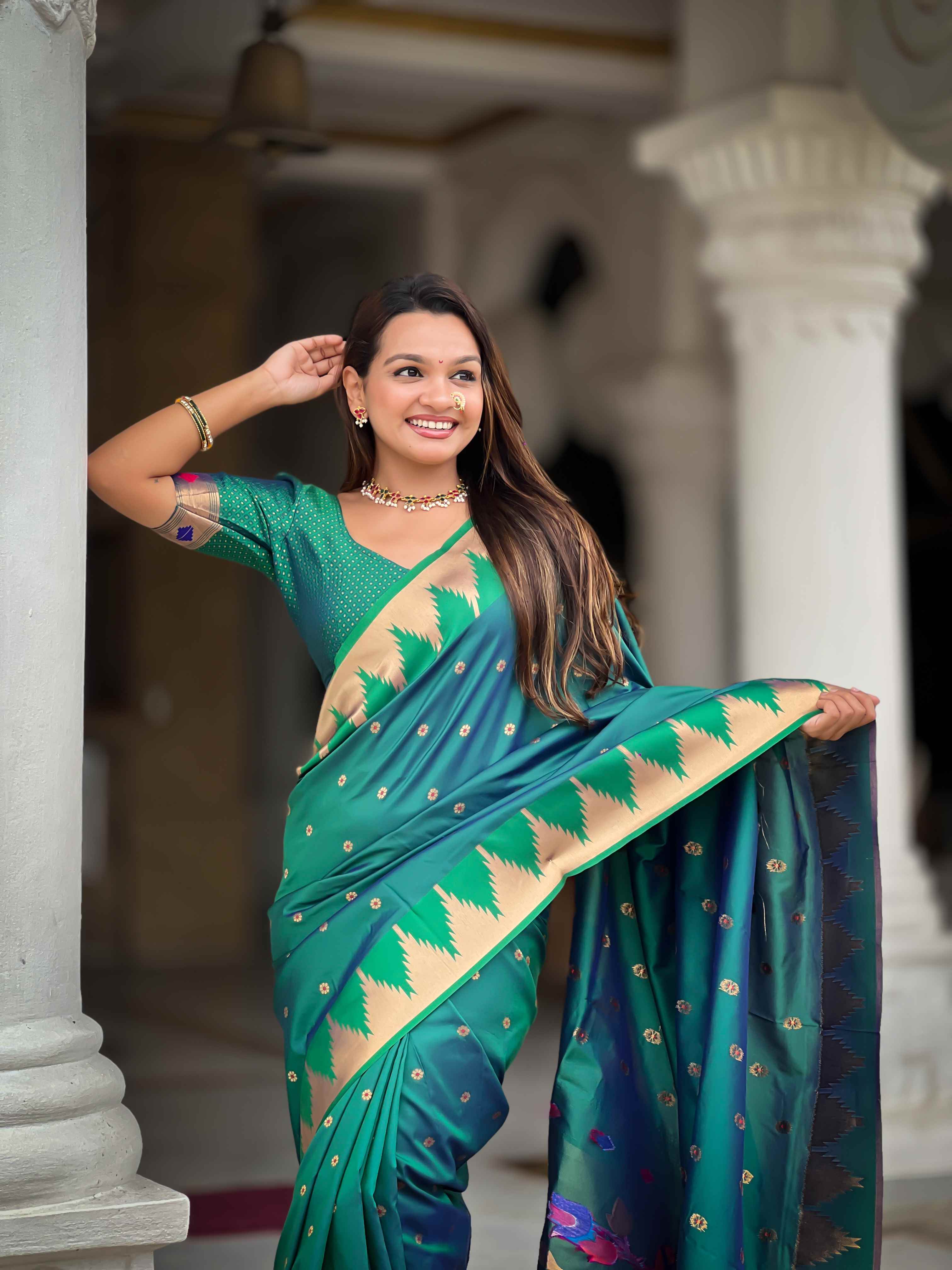 Rama Paithani Silk Saree with Meenakari Rich Pallu & Temple Weaving Border