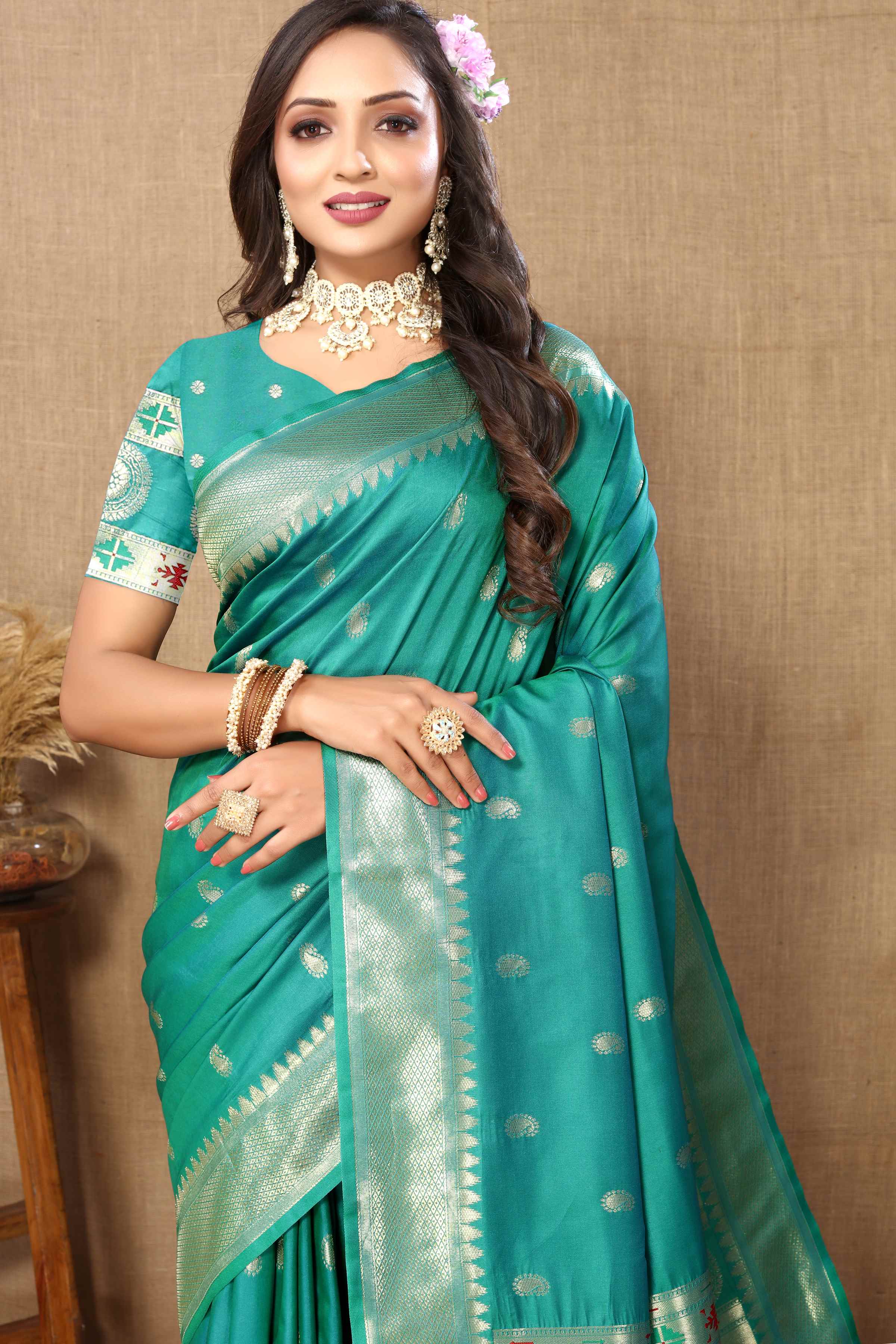 Teal Soft Paithani Silk Saree with Zari Motifs, Meenakari Pallu & Contrast Blouse
