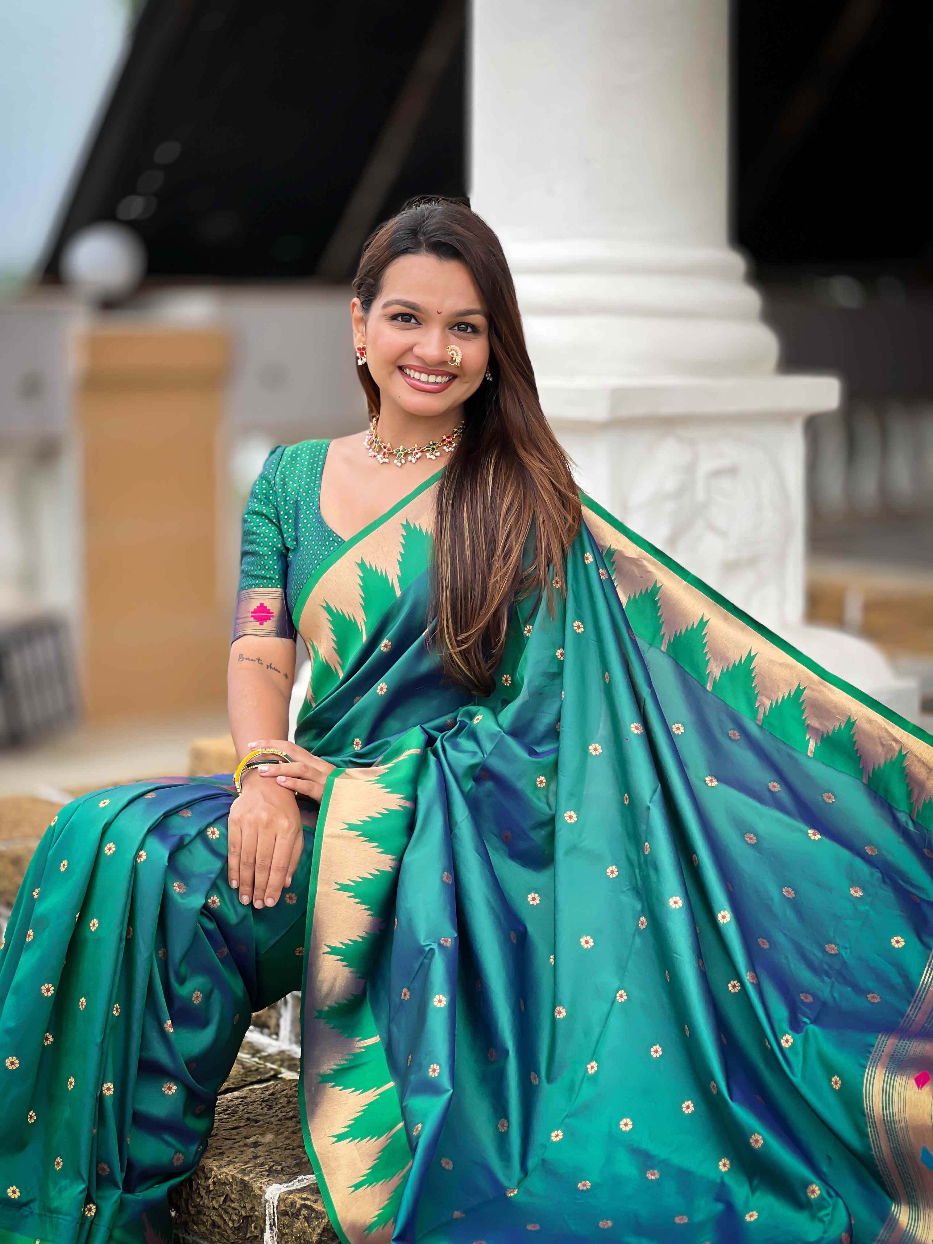 Rama Paithani Silk Saree with Meenakari Rich Pallu & Temple Weaving Border