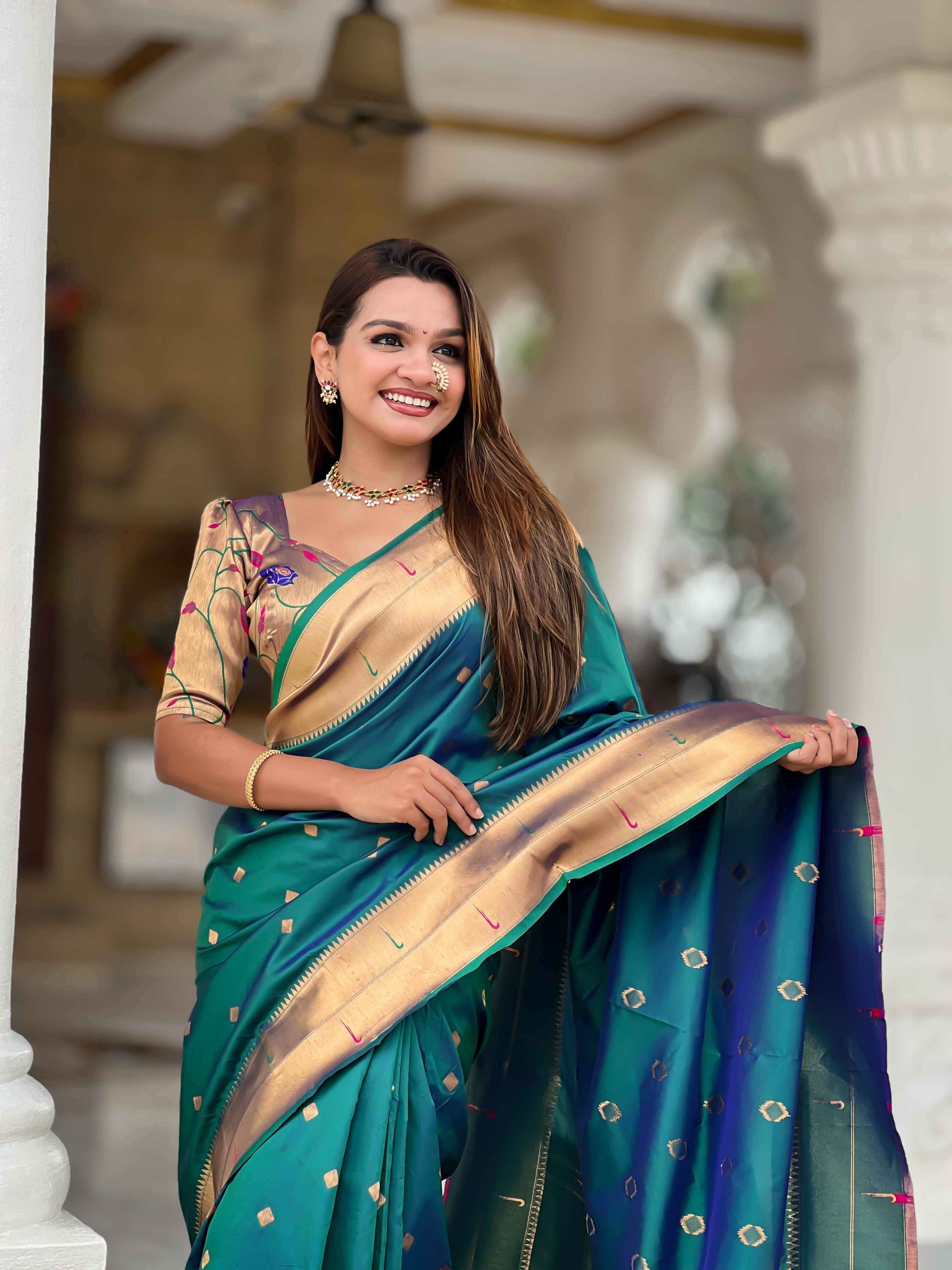Rama Paithani Silk Saree with Zari Weaving, Meenakari Pallu & Double Munia Border