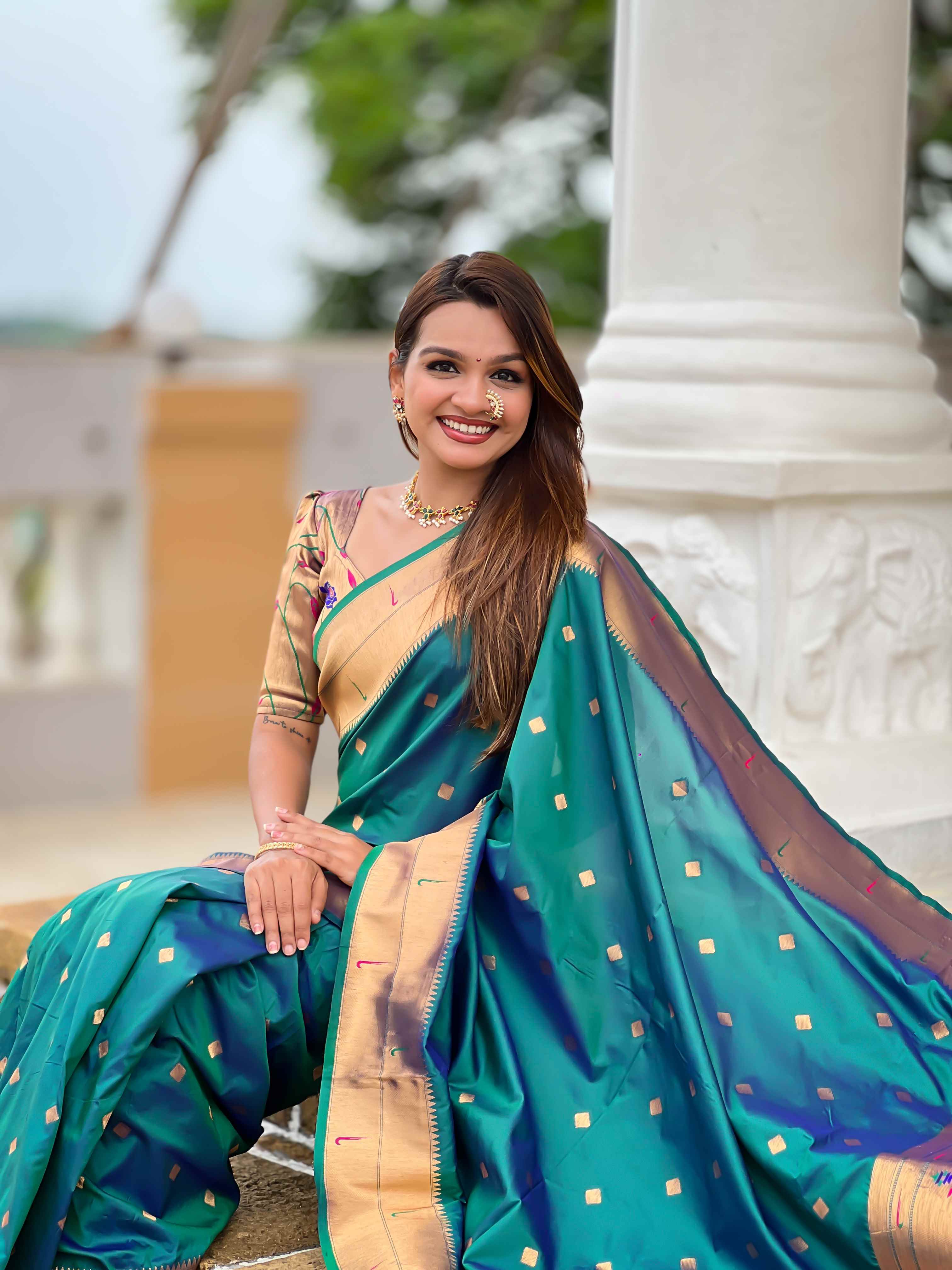 Rama Paithani Silk Saree with Zari Weaving, Meenakari Pallu & Double Munia Border