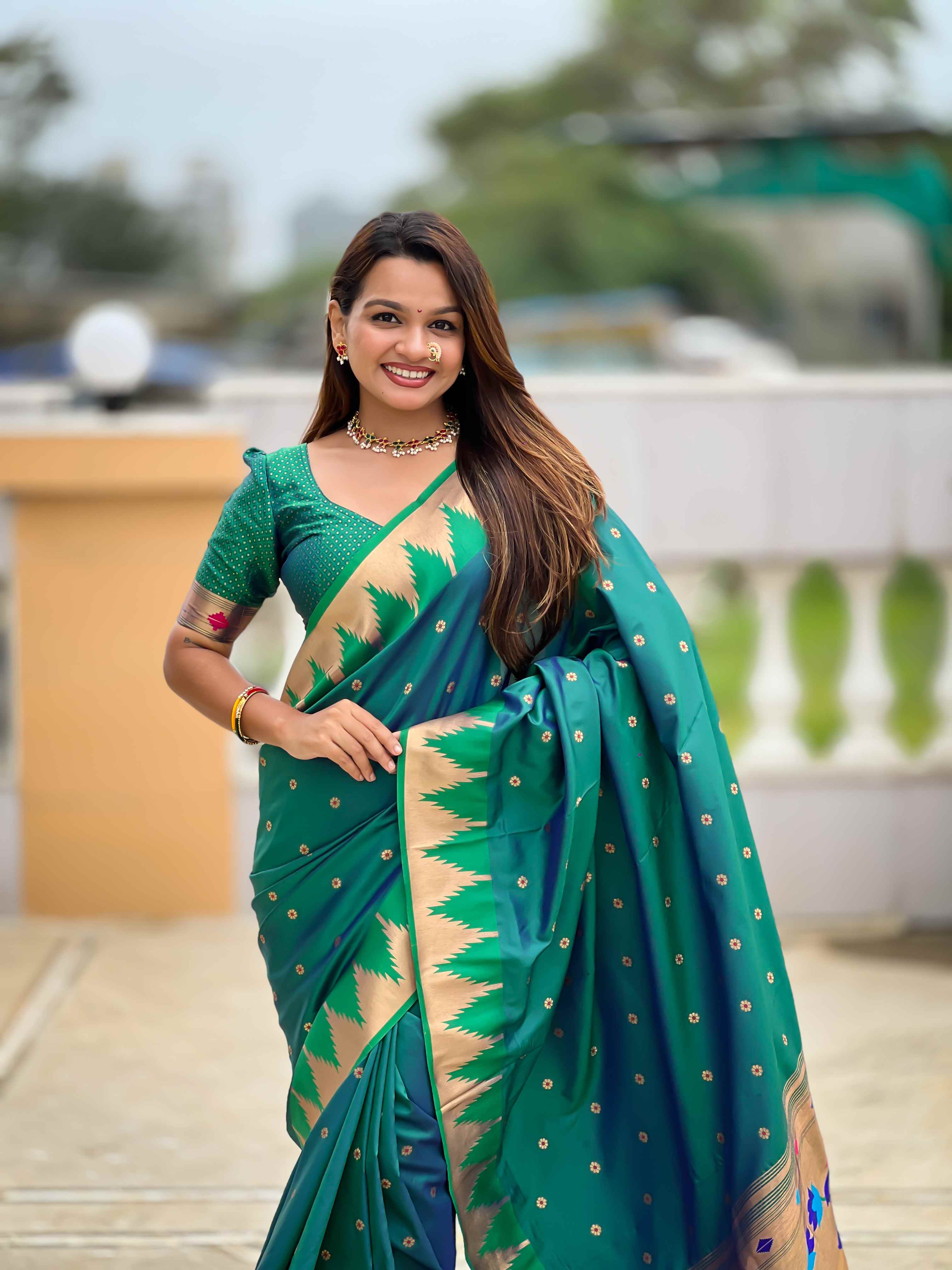 Rama Paithani Silk Saree with Meenakari Rich Pallu & Temple Weaving Border