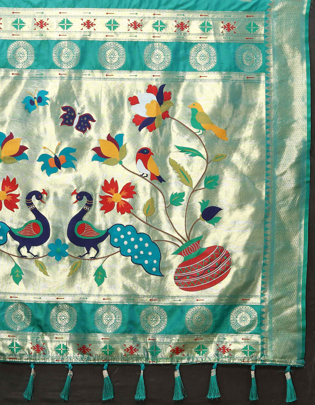 Teal Soft Paithani Silk Saree with Zari Motifs, Meenakari Pallu & Contrast Blouse