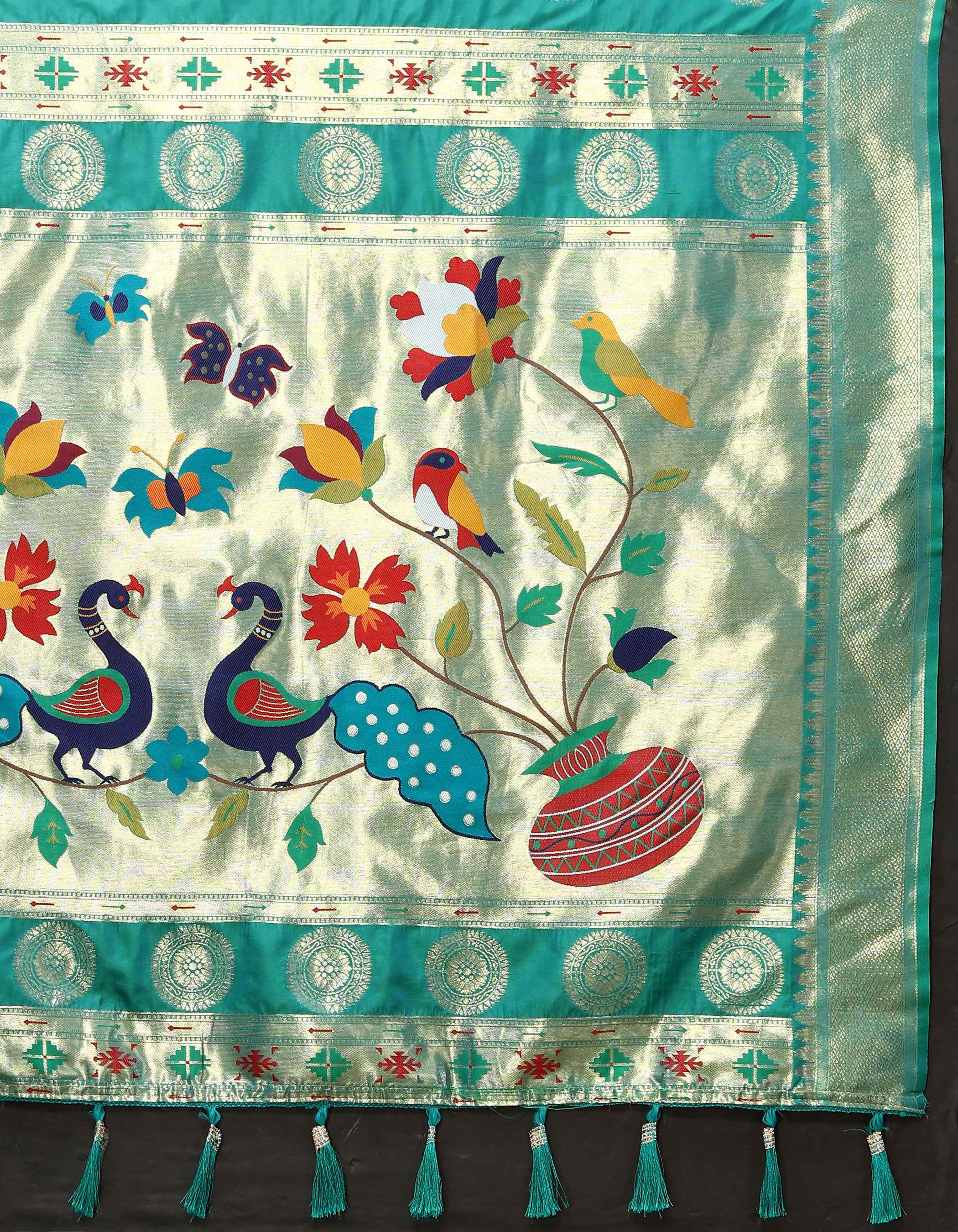 Teal Soft Paithani Silk Saree with Zari Motifs, Meenakari Pallu & Contrast Blouse