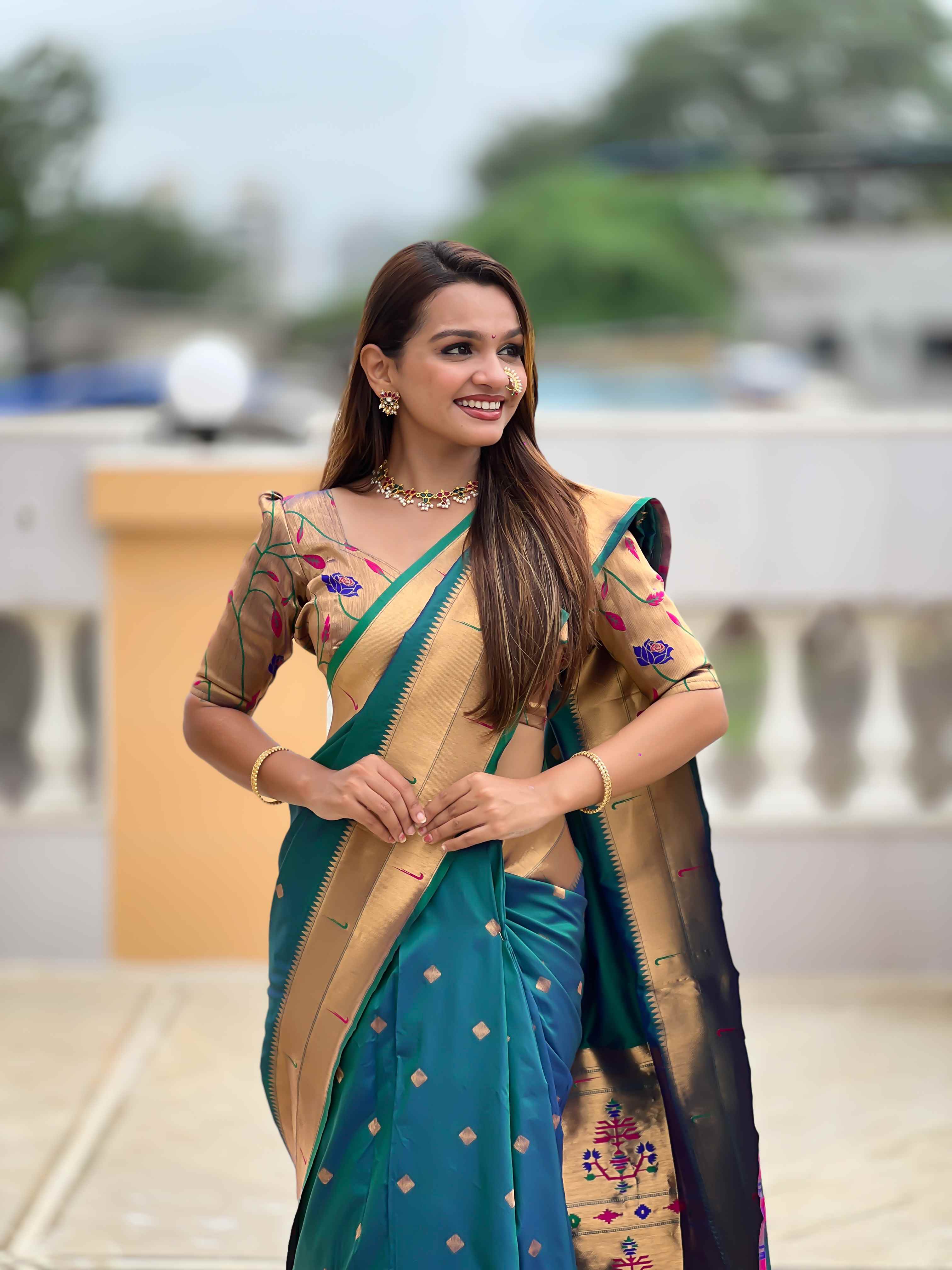 Rama Paithani Silk Saree with Zari Weaving, Meenakari Pallu & Double Munia Border