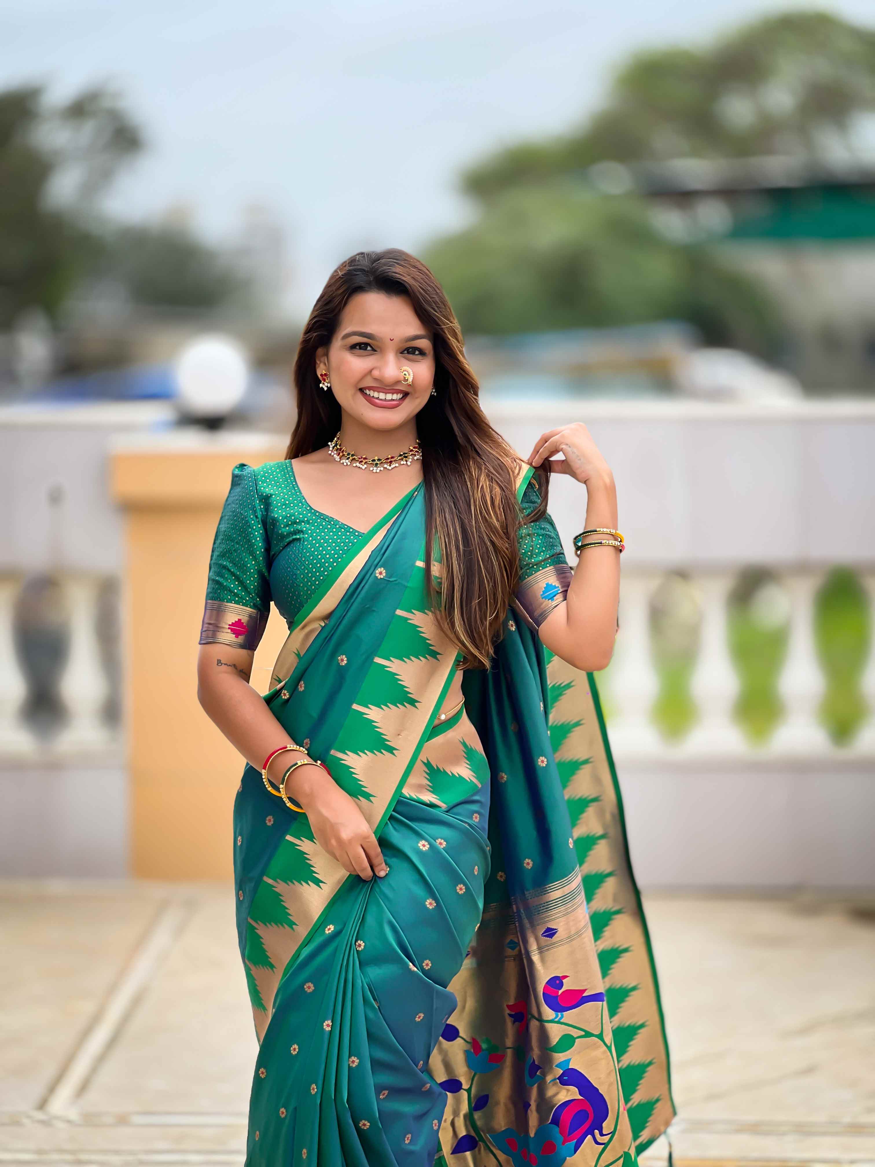 Rama Paithani Silk Saree with Meenakari Rich Pallu & Temple Weaving Border