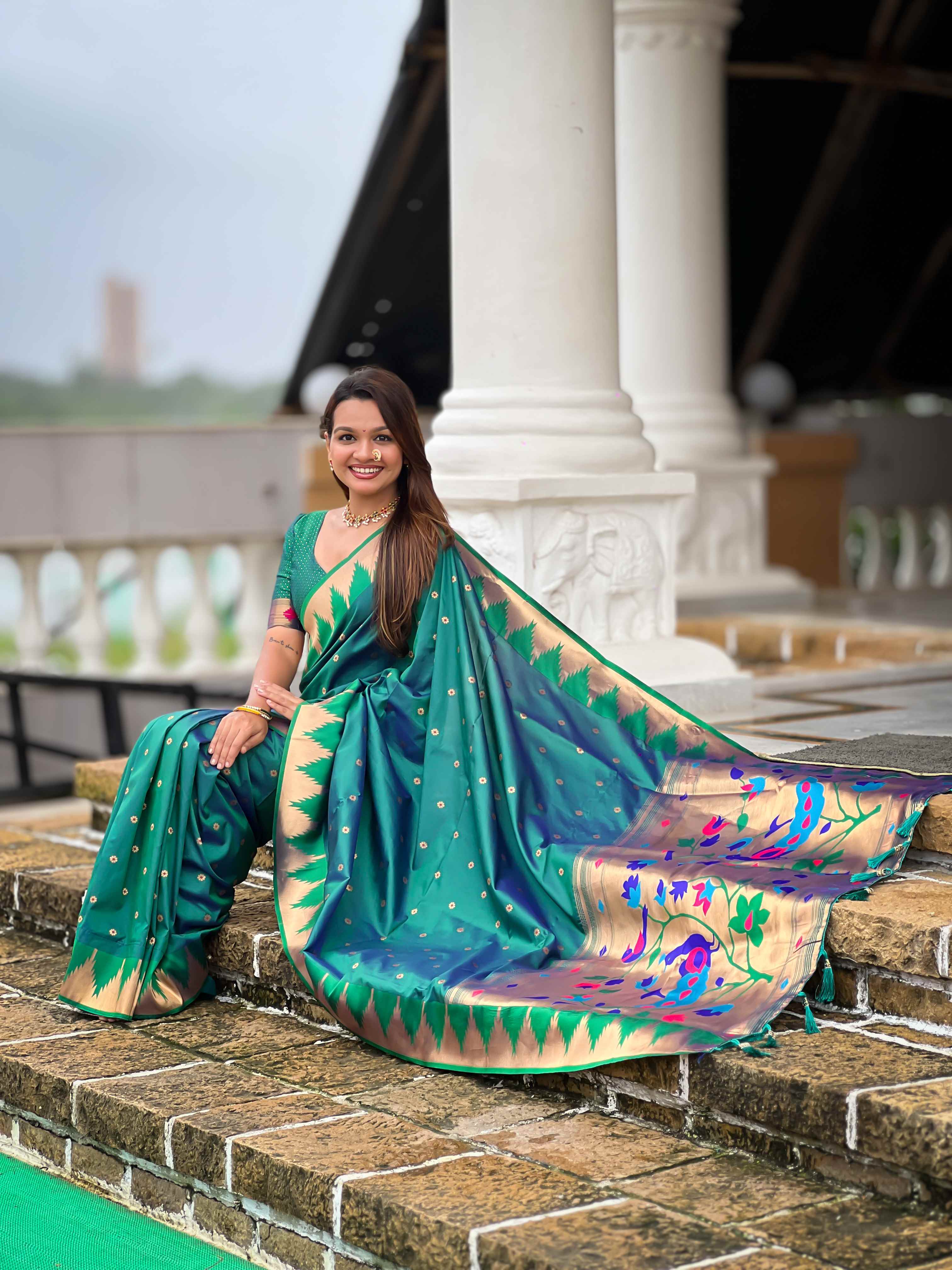 Rama Paithani Silk Saree with Meenakari Rich Pallu & Temple Weaving Border