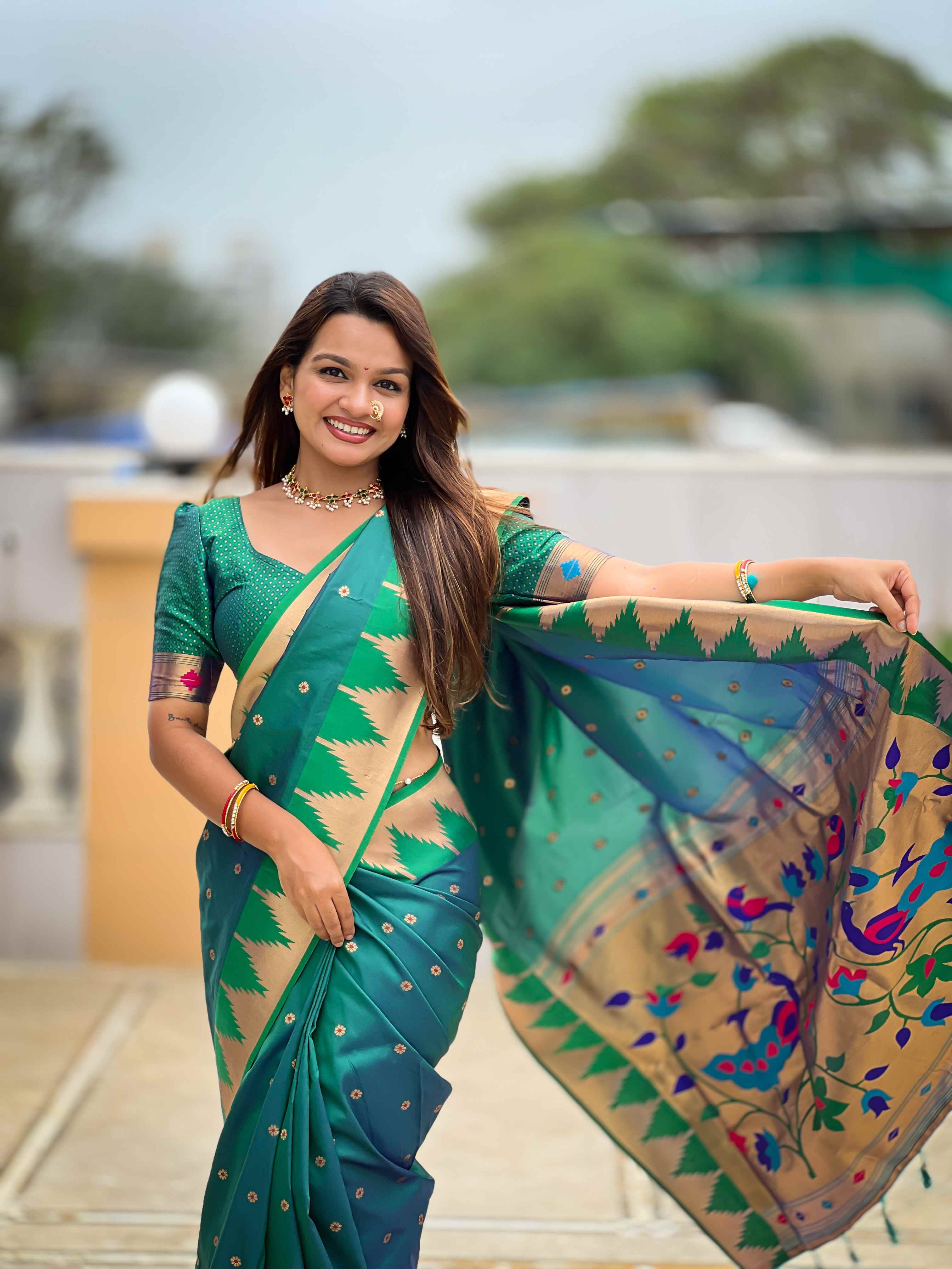 Rama Paithani Silk Saree with Meenakari Rich Pallu & Temple Weaving Border