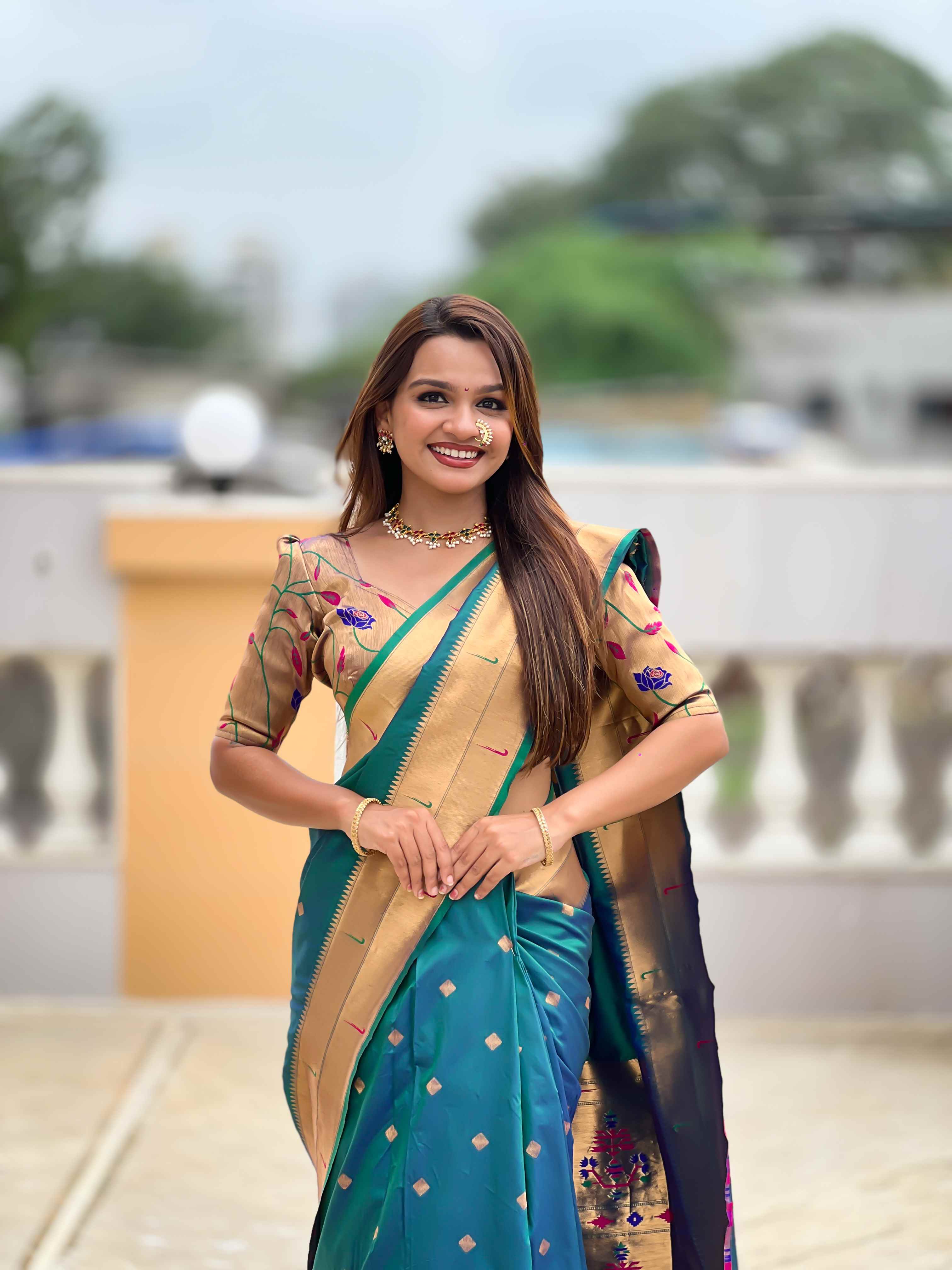 Rama Paithani Silk Saree with Zari Weaving, Meenakari Pallu & Double Munia Border