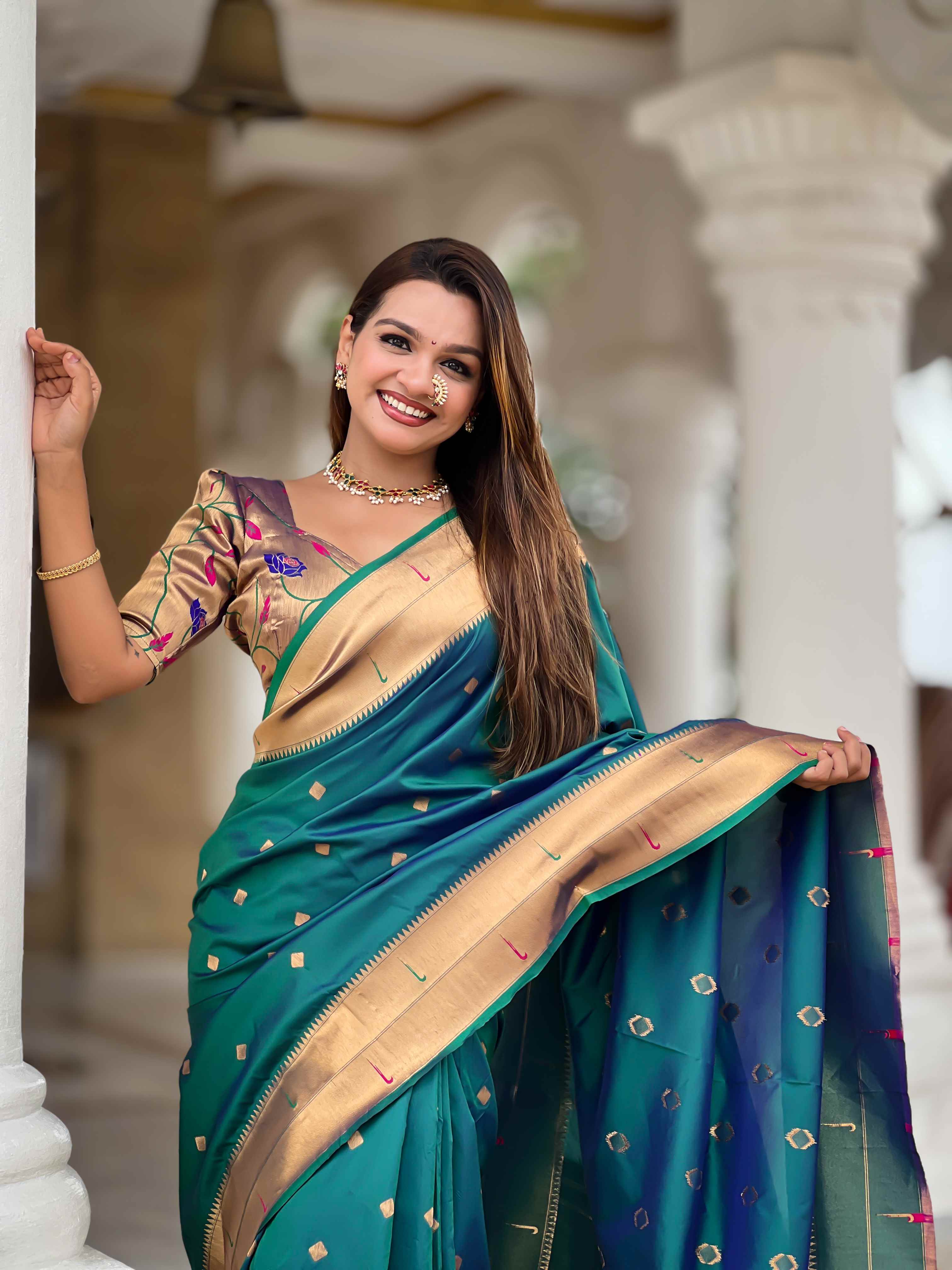 Rama Paithani Silk Saree with Zari Weaving, Meenakari Pallu & Double Munia Border