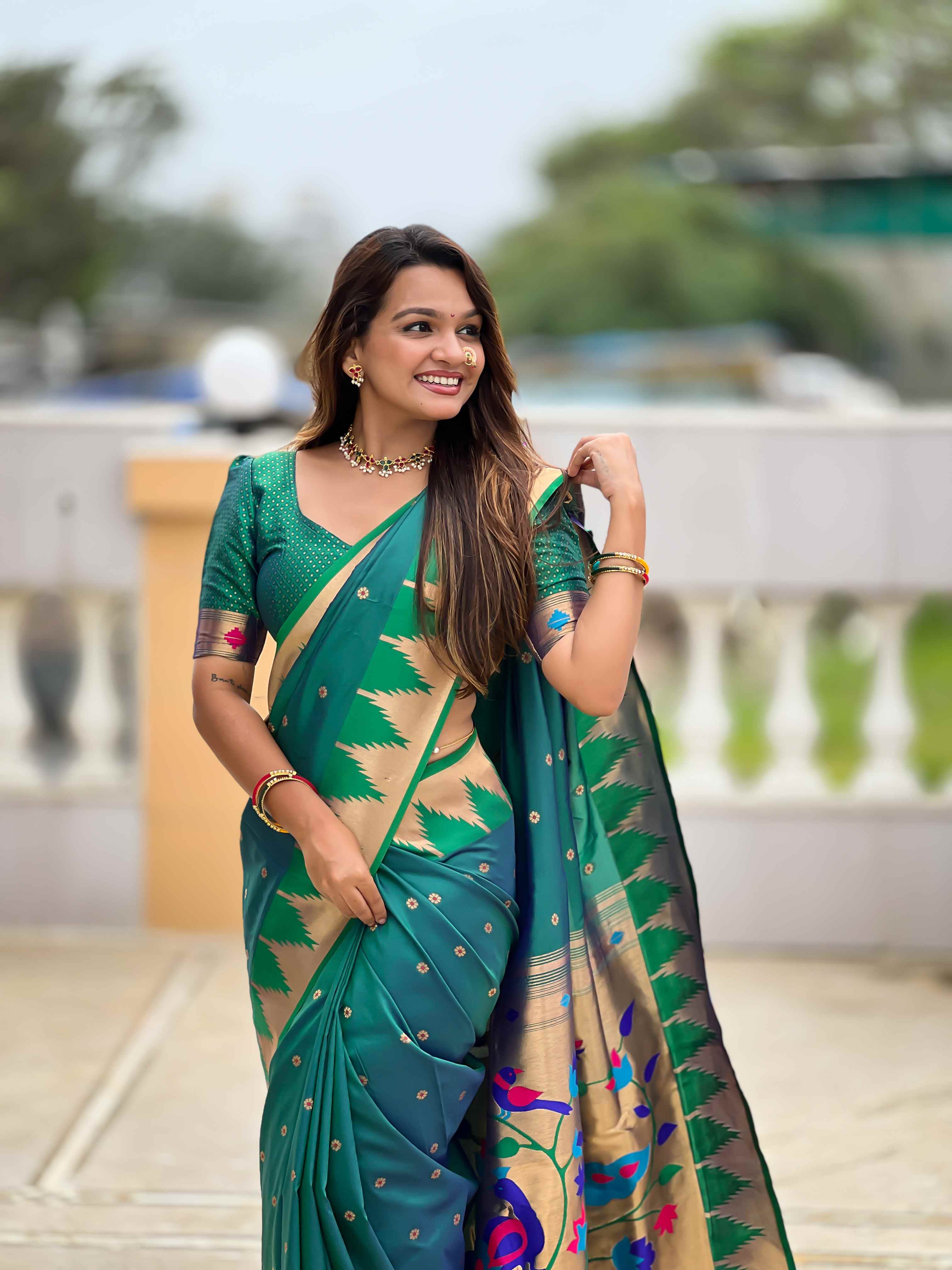 Rama Paithani Silk Saree with Meenakari Rich Pallu & Temple Weaving Border