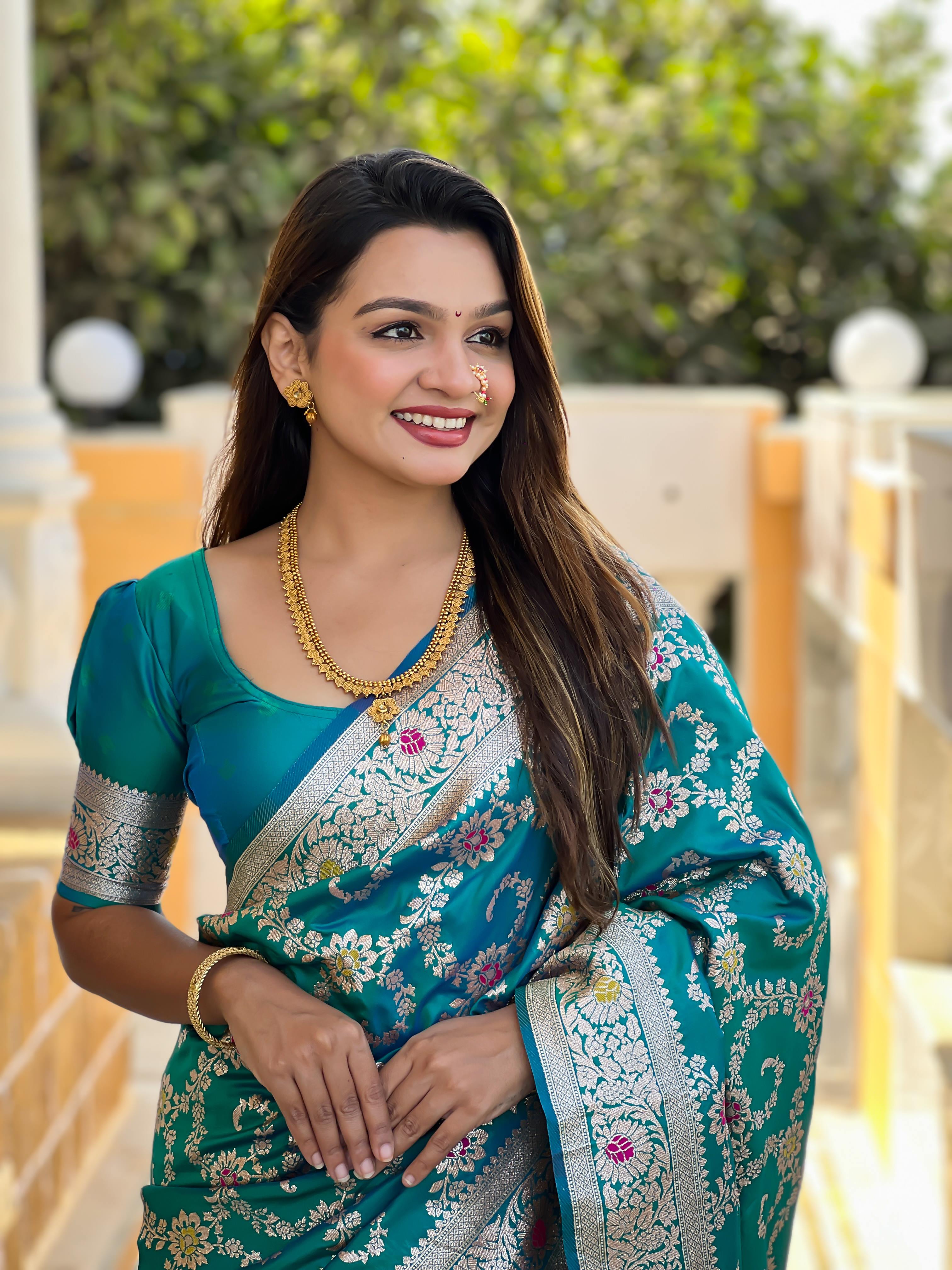Rama Varni Fabrics Women Geometric Banarasi Silk Tassels and Latkans Saree comes With Matching Blouse