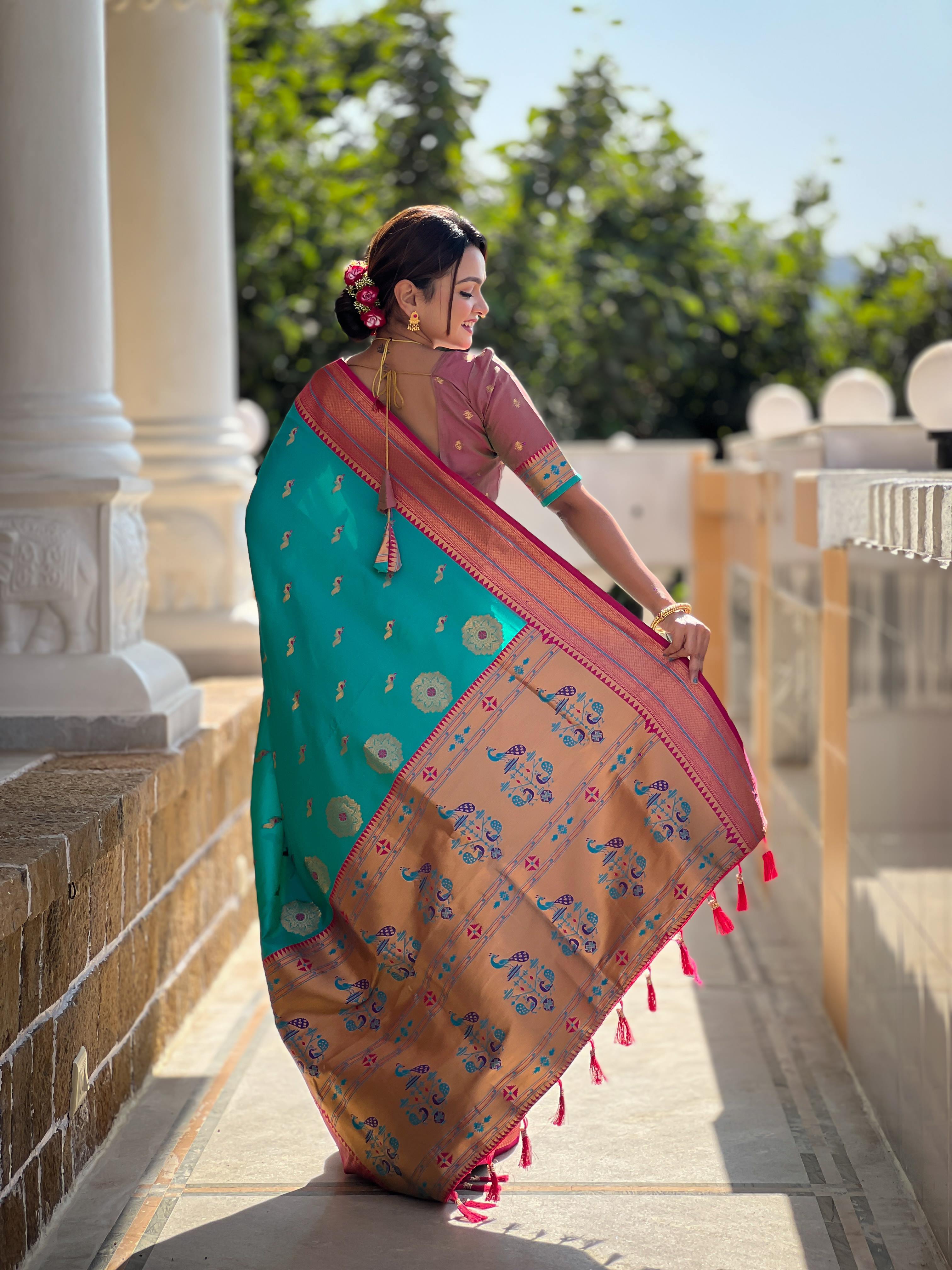 Rama Traditional Paithani Silk Saree with Tassels & Latkans – Includes Matching Blouse