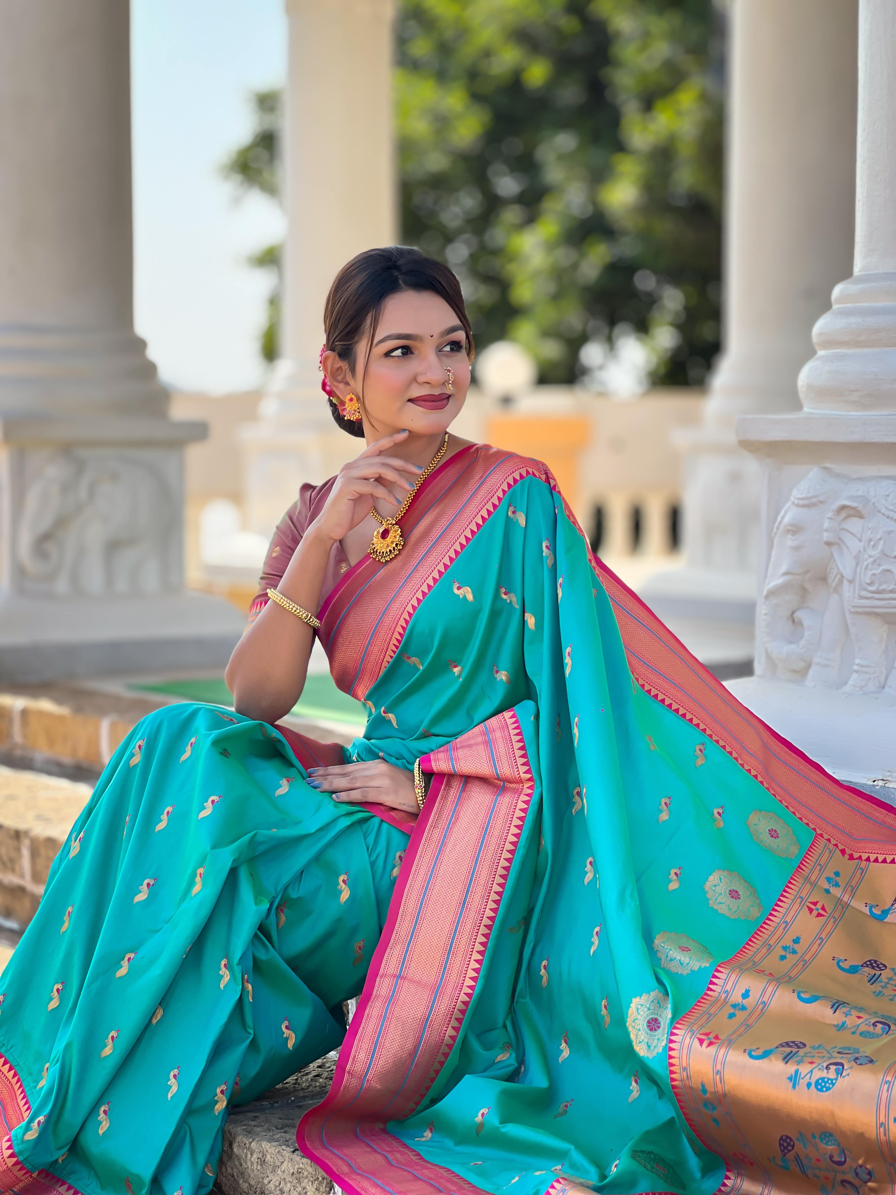 Rama Traditional Paithani Silk Saree with Tassels & Latkans – Includes Matching Blouse