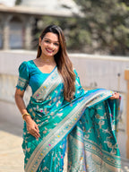 Rama Varni Fabrics Women's Traditional Banarasi Silk Saree with Woven Design & Blouse