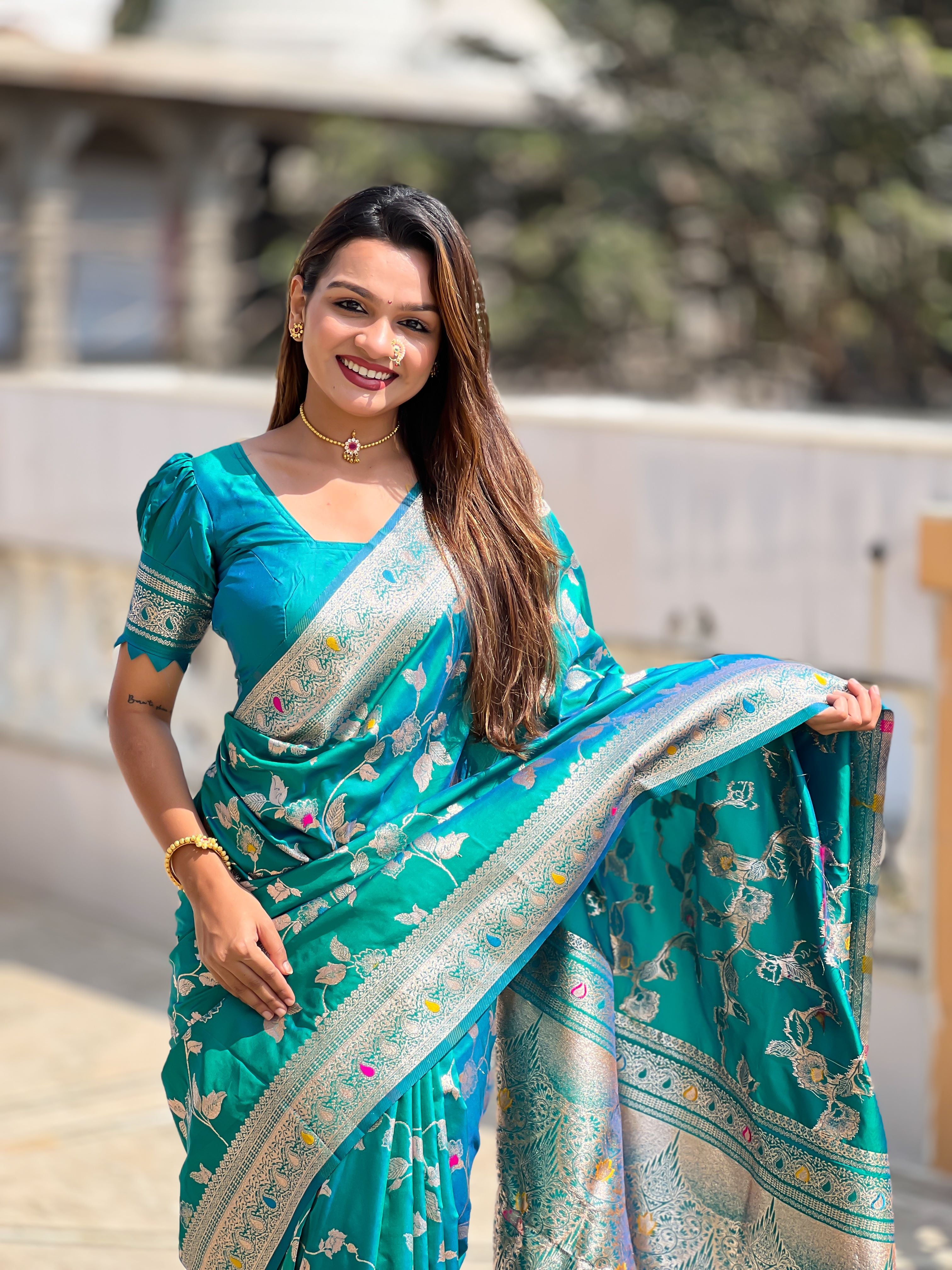 Rama Varni Fabrics Women's Traditional Banarasi Silk Saree with Woven Design & Blouse