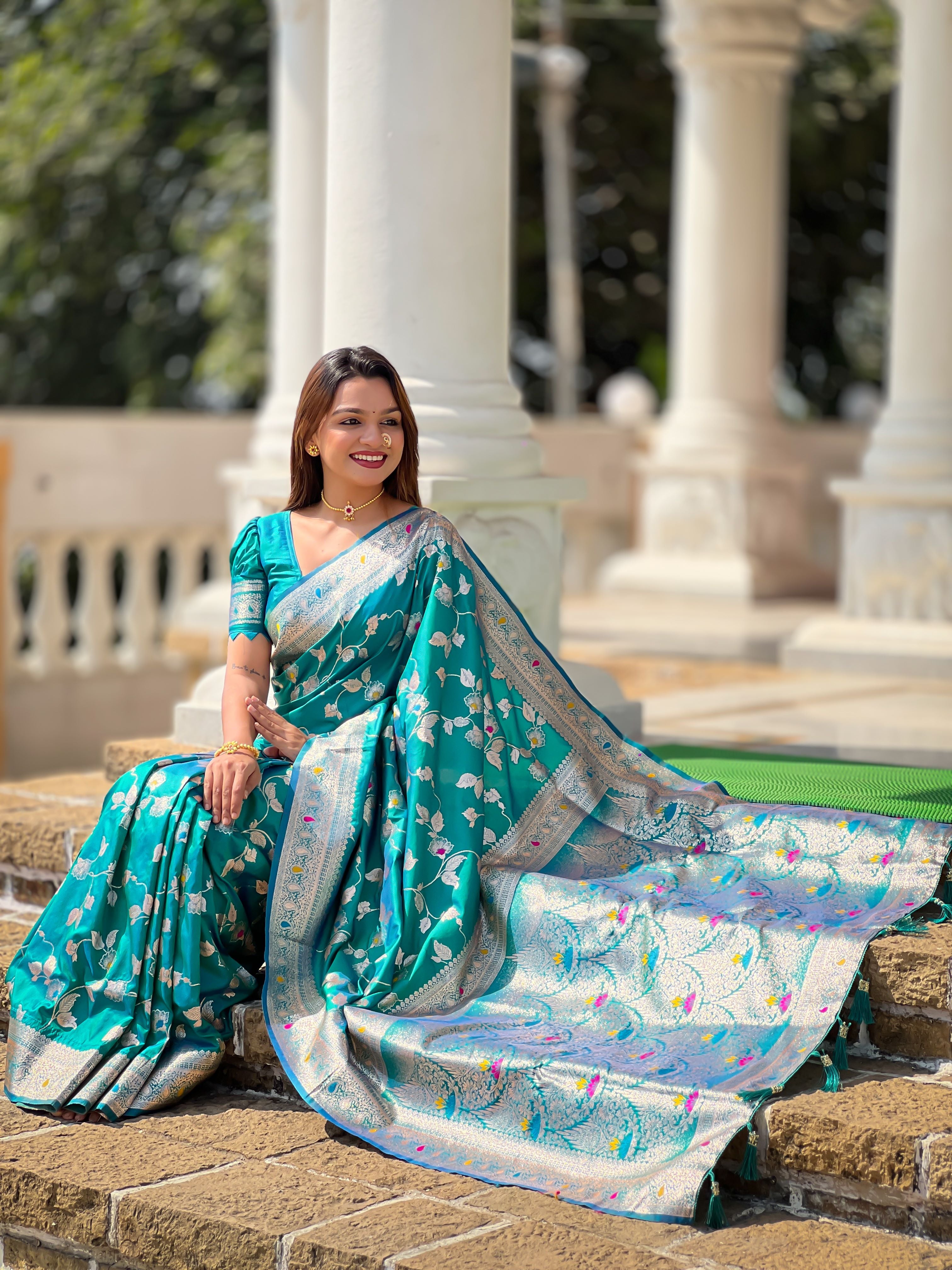 Rama Varni Fabrics Women's Traditional Banarasi Silk Saree with Woven Design & Blouse