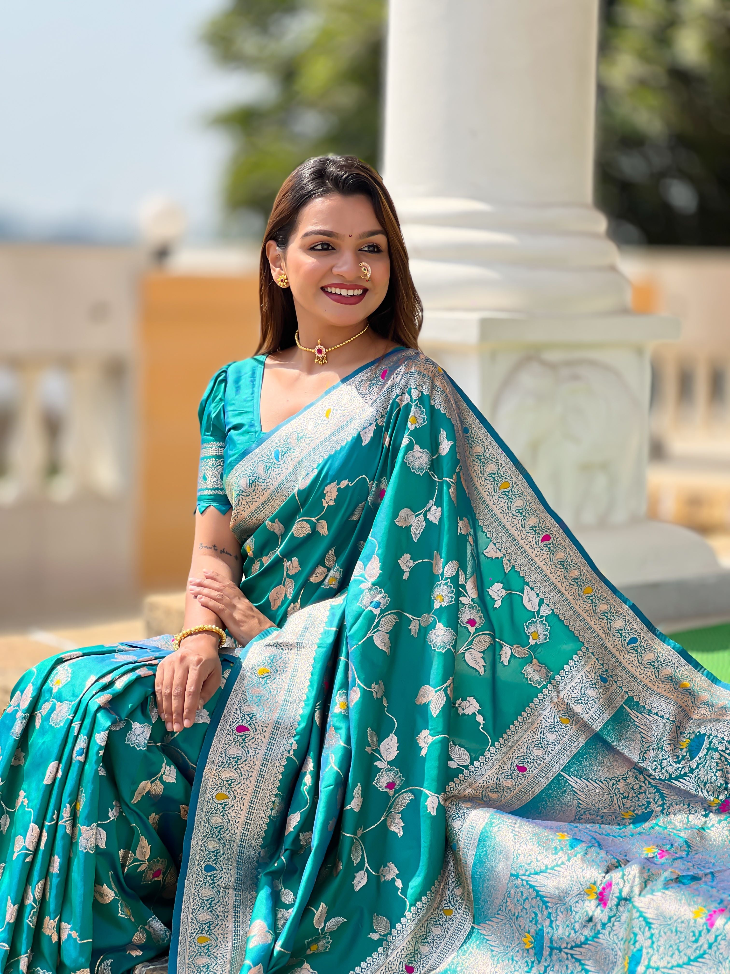 Rama Varni Fabrics Women's Traditional Banarasi Silk Saree with Woven Design & Blouse