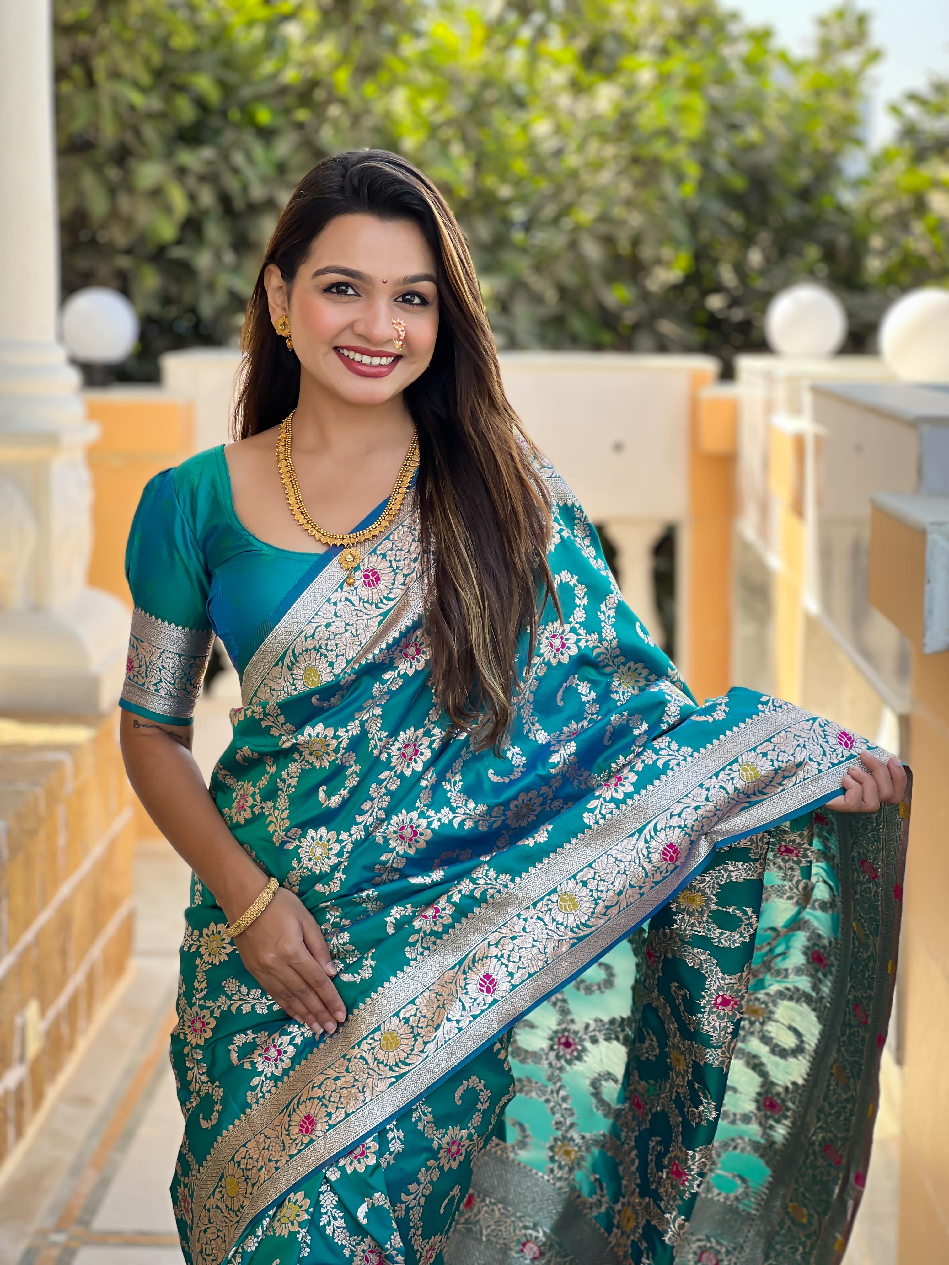 Rama Varni Fabrics Women Geometric Banarasi Silk Tassels and Latkans Saree comes With Matching Blouse