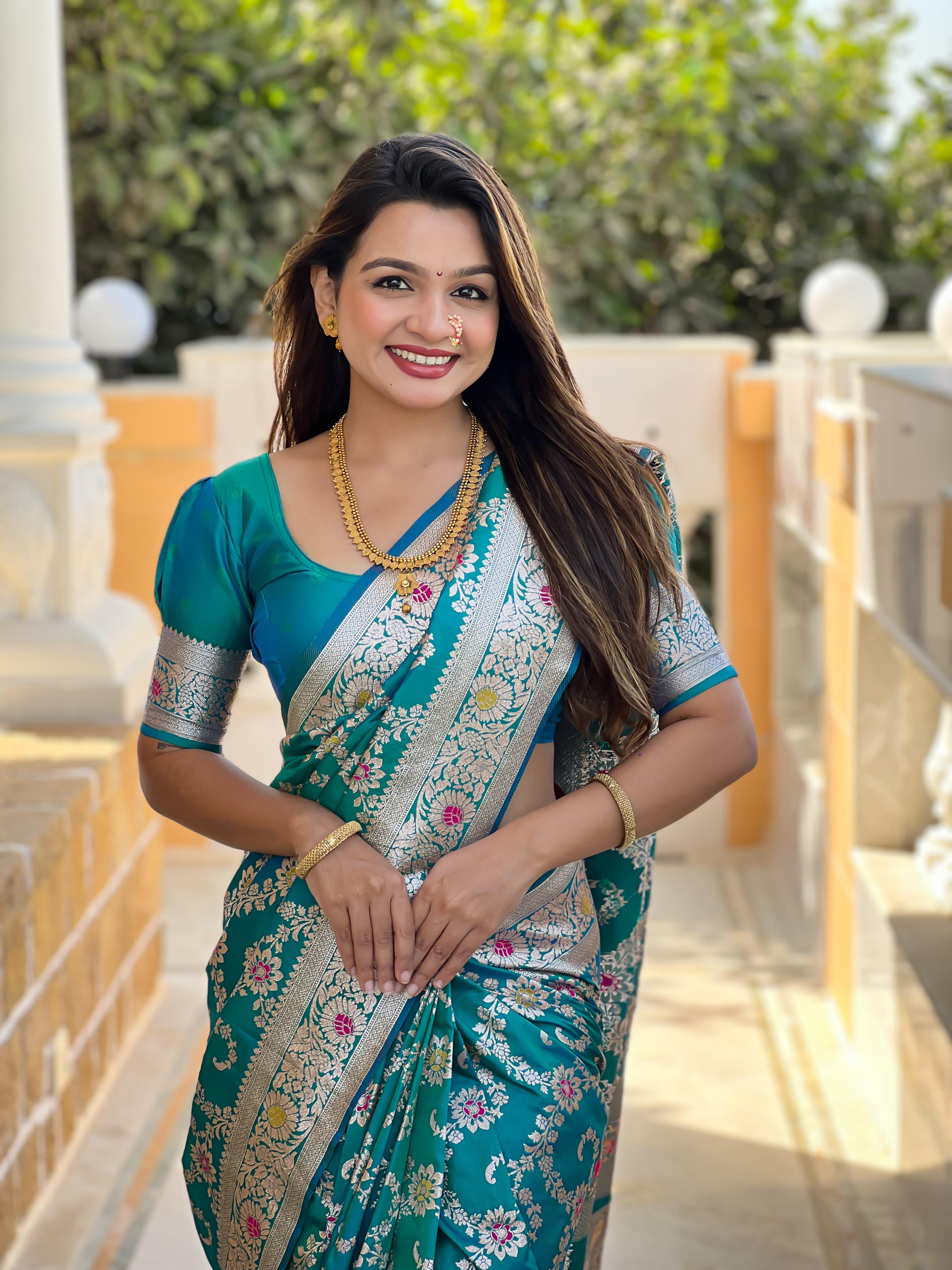 Rama Varni Fabrics Women Geometric Banarasi Silk Tassels and Latkans Saree comes With Matching Blouse