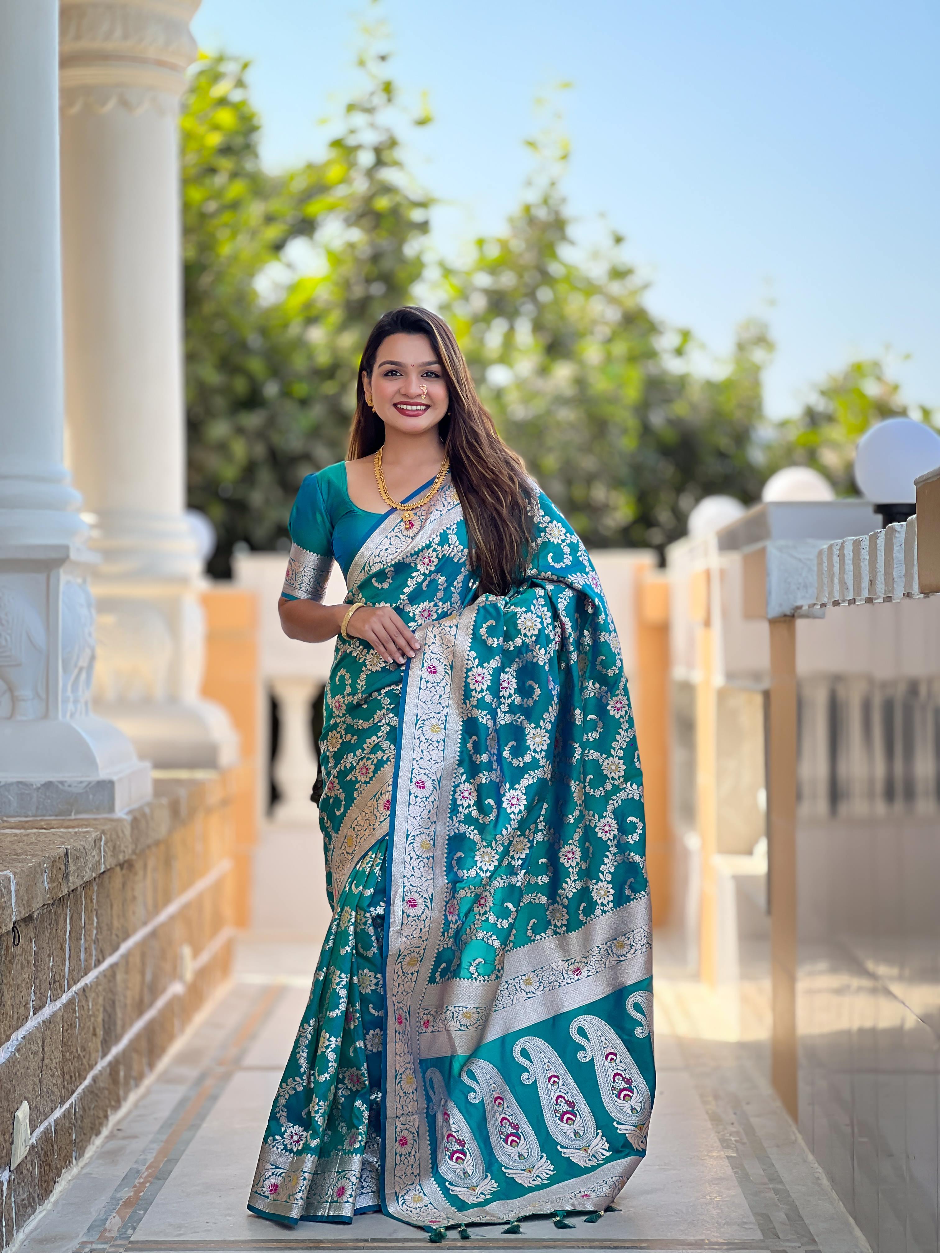 Rama Varni Fabrics Women Geometric Banarasi Silk Tassels and Latkans Saree comes With Matching Blouse
