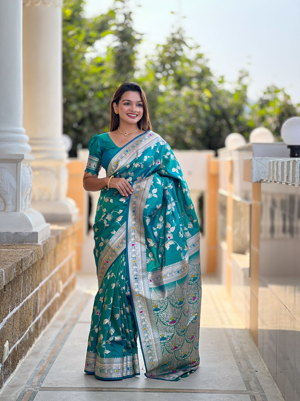 Rama Varni Fabrics Women's Traditional Banarasi Silk Saree with Woven Design & Blouse