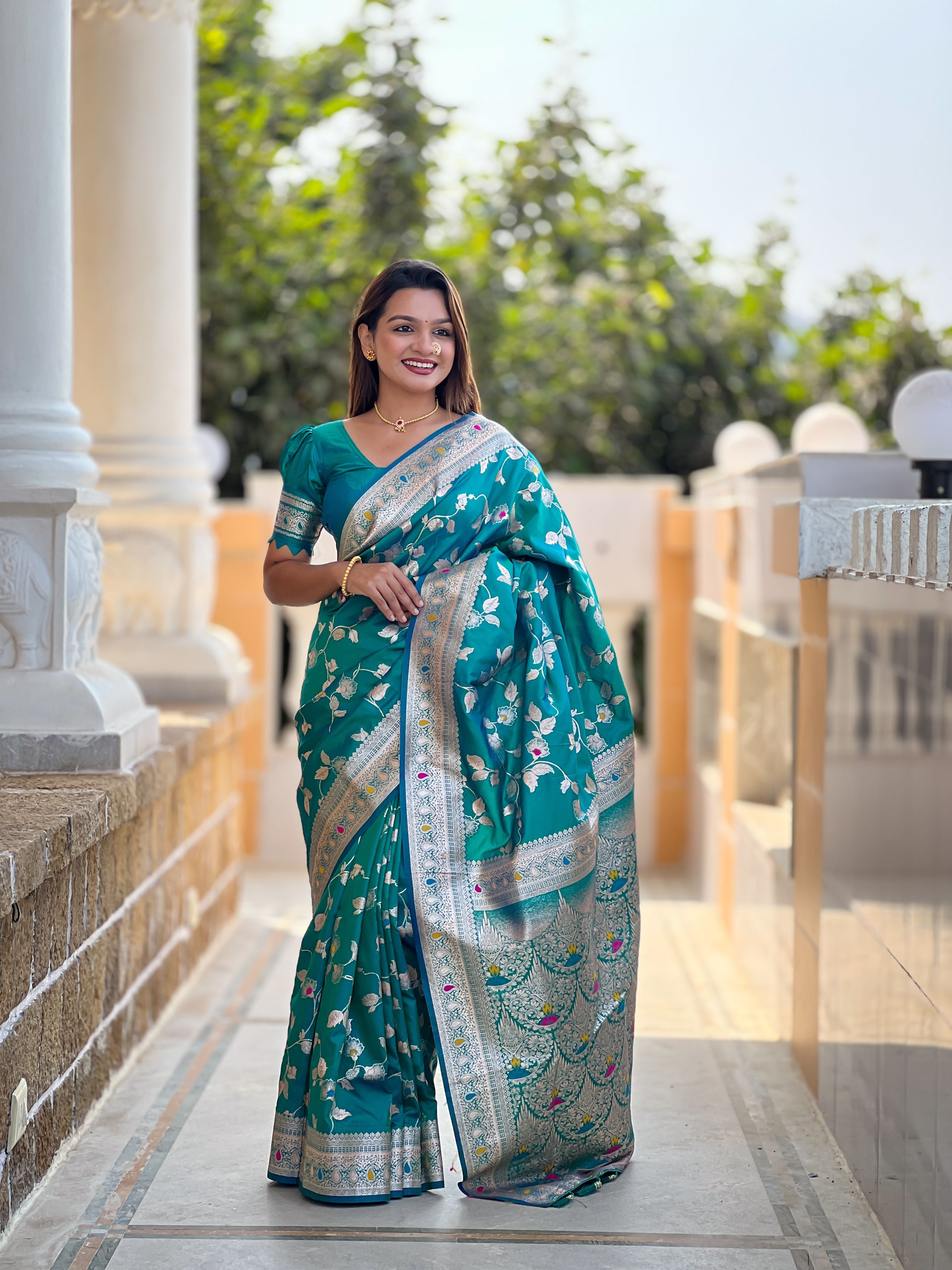 Rama Varni Fabrics Women's Traditional Banarasi Silk Saree with Woven Design & Blouse