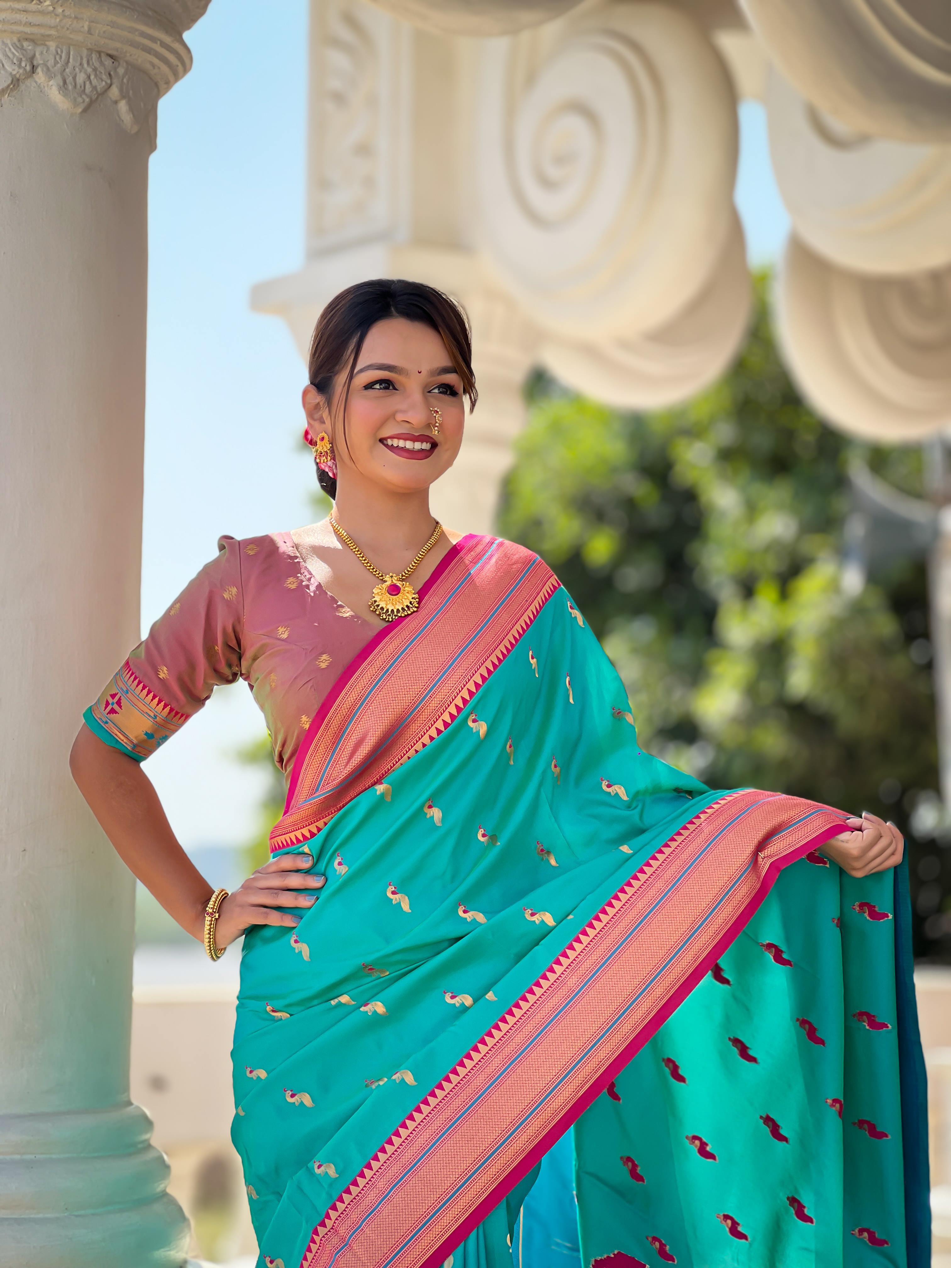Rama Traditional Paithani Silk Saree with Tassels & Latkans – Includes Matching Blouse