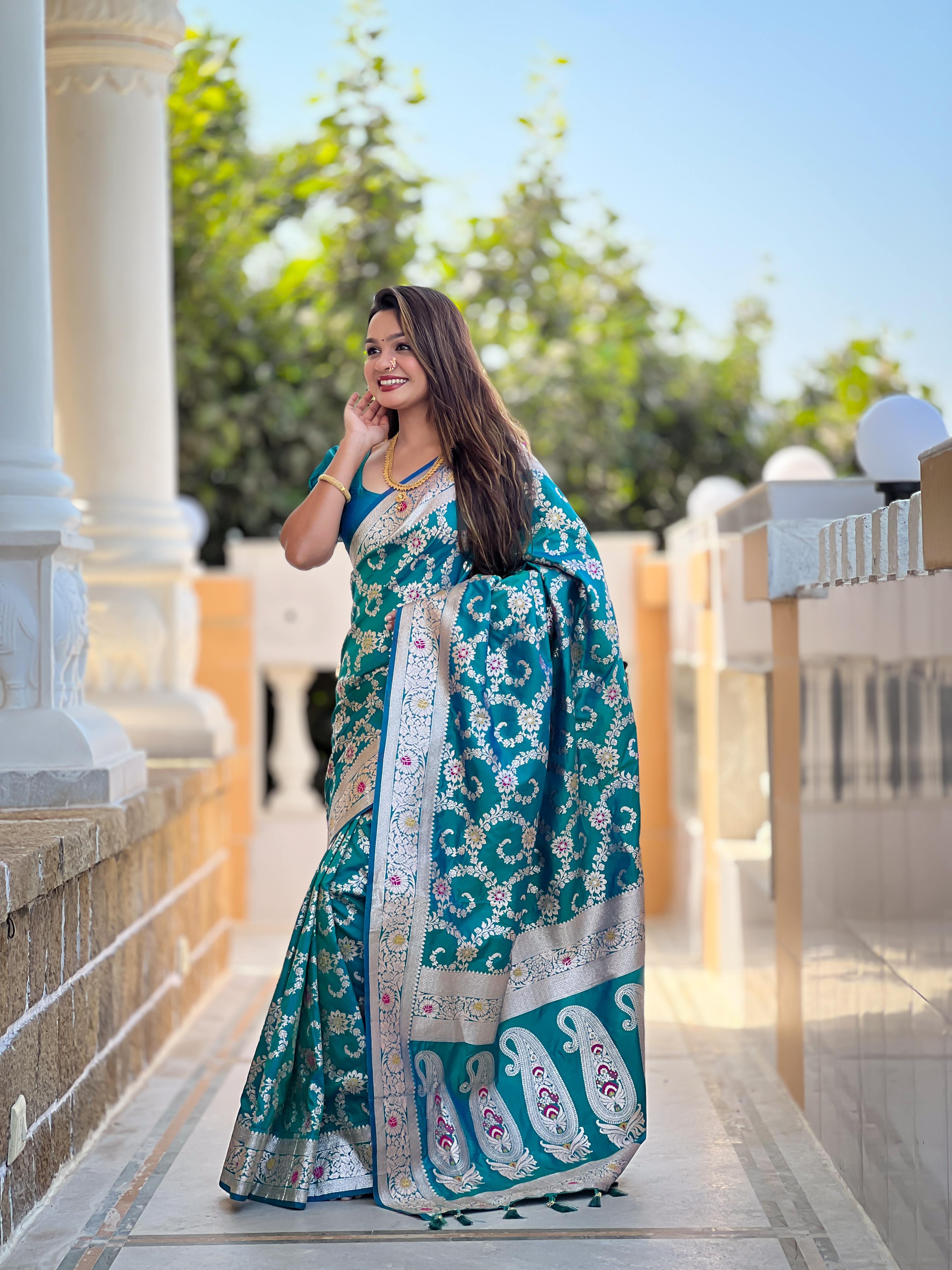 Rama Varni Fabrics Women Geometric Banarasi Silk Tassels and Latkans Saree comes With Matching Blouse