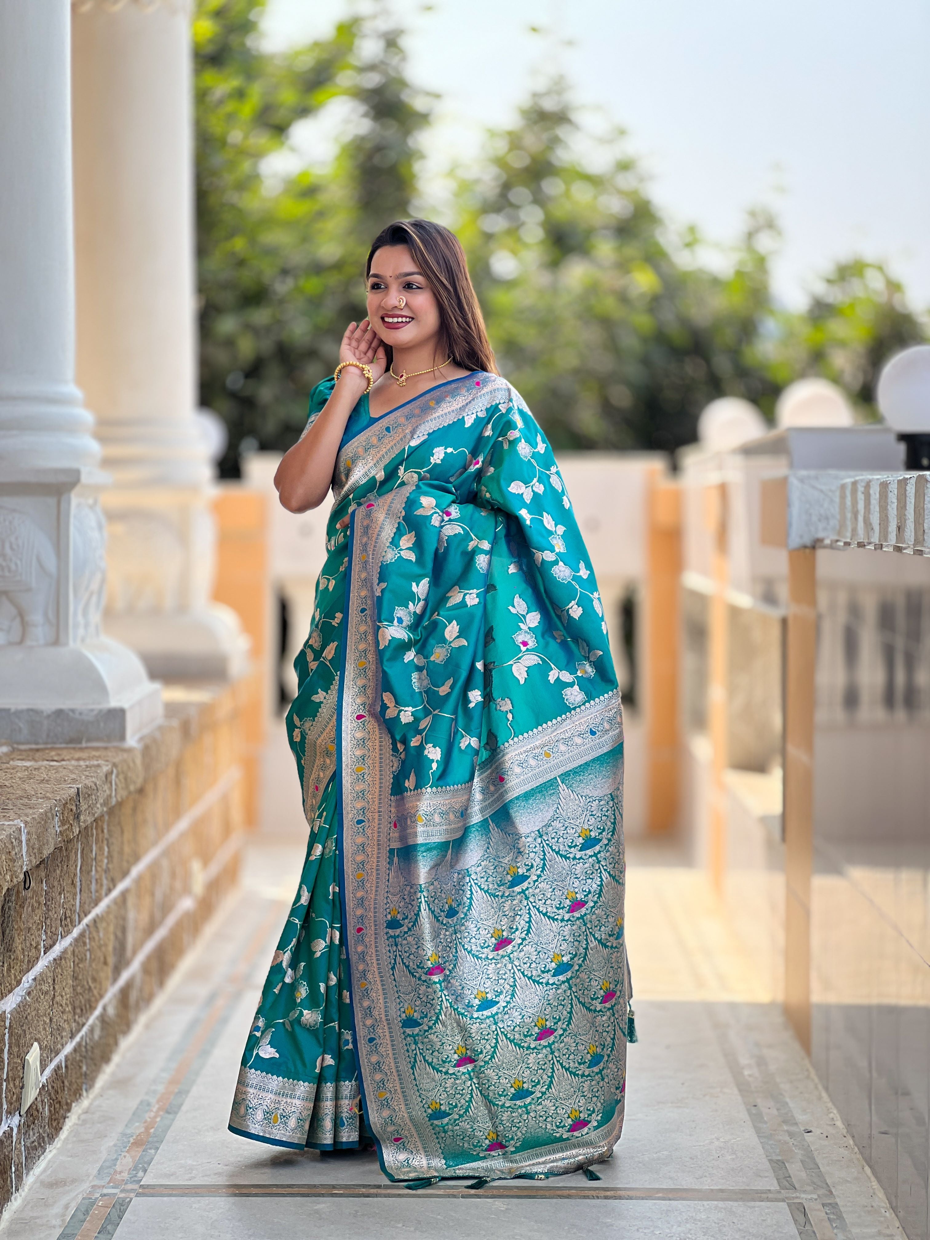 Rama Varni Fabrics Women's Traditional Banarasi Silk Saree with Woven Design & Blouse