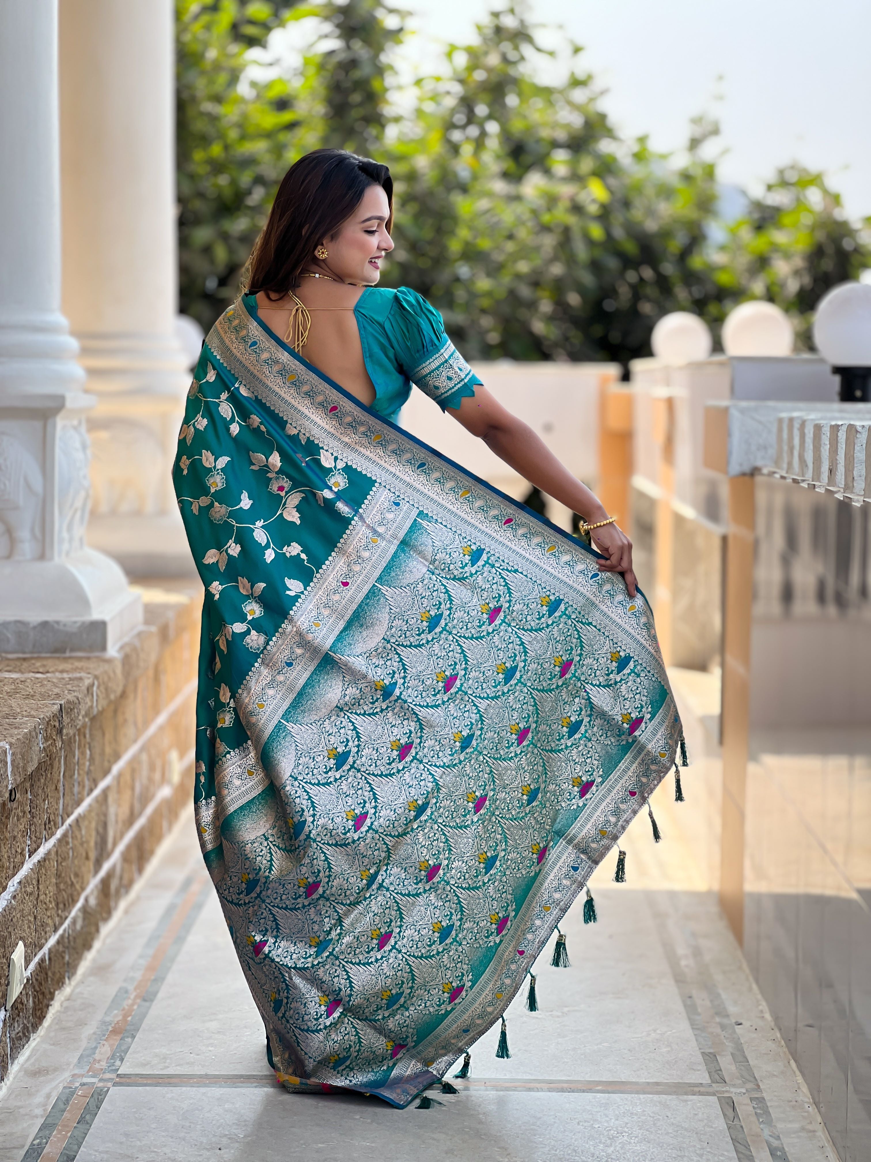 Rama Varni Fabrics Women's Traditional Banarasi Silk Saree with Woven Design & Blouse