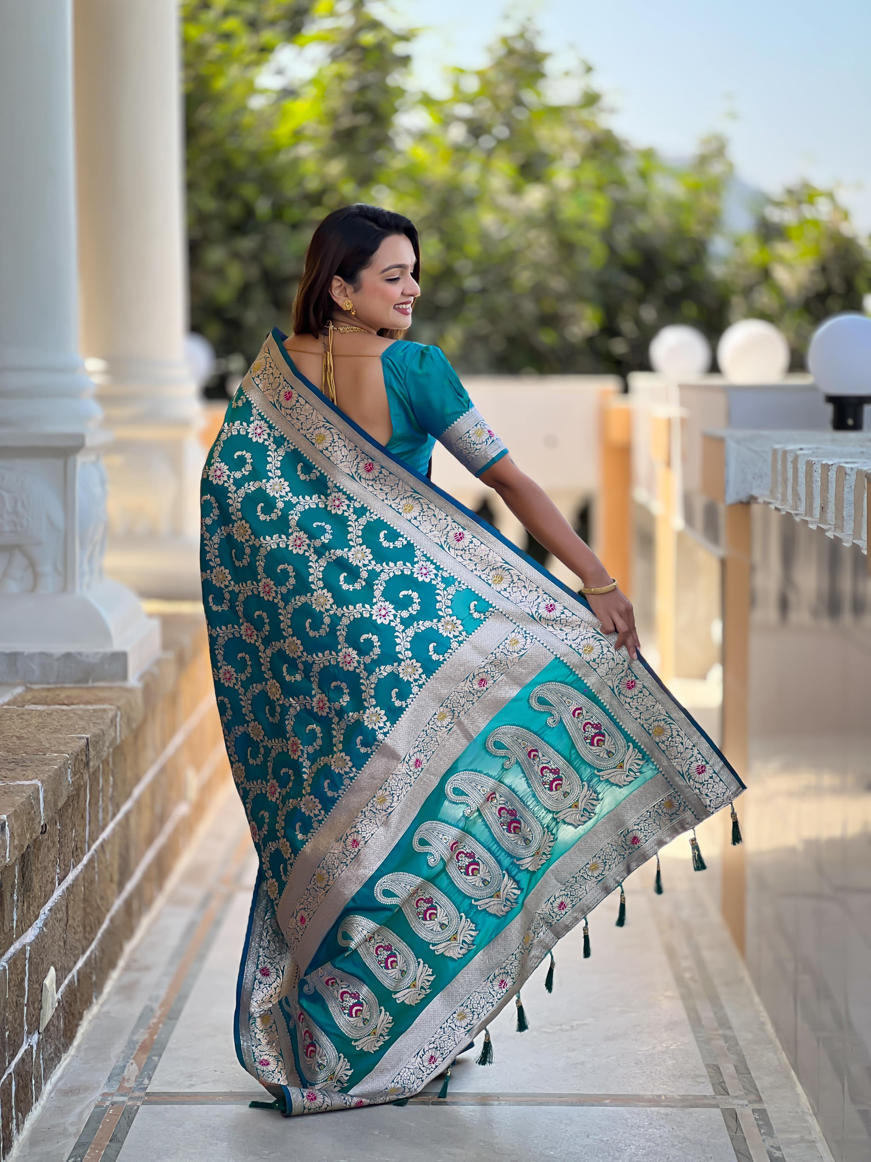 Rama Varni Fabrics Women Geometric Banarasi Silk Tassels and Latkans Saree comes With Matching Blouse