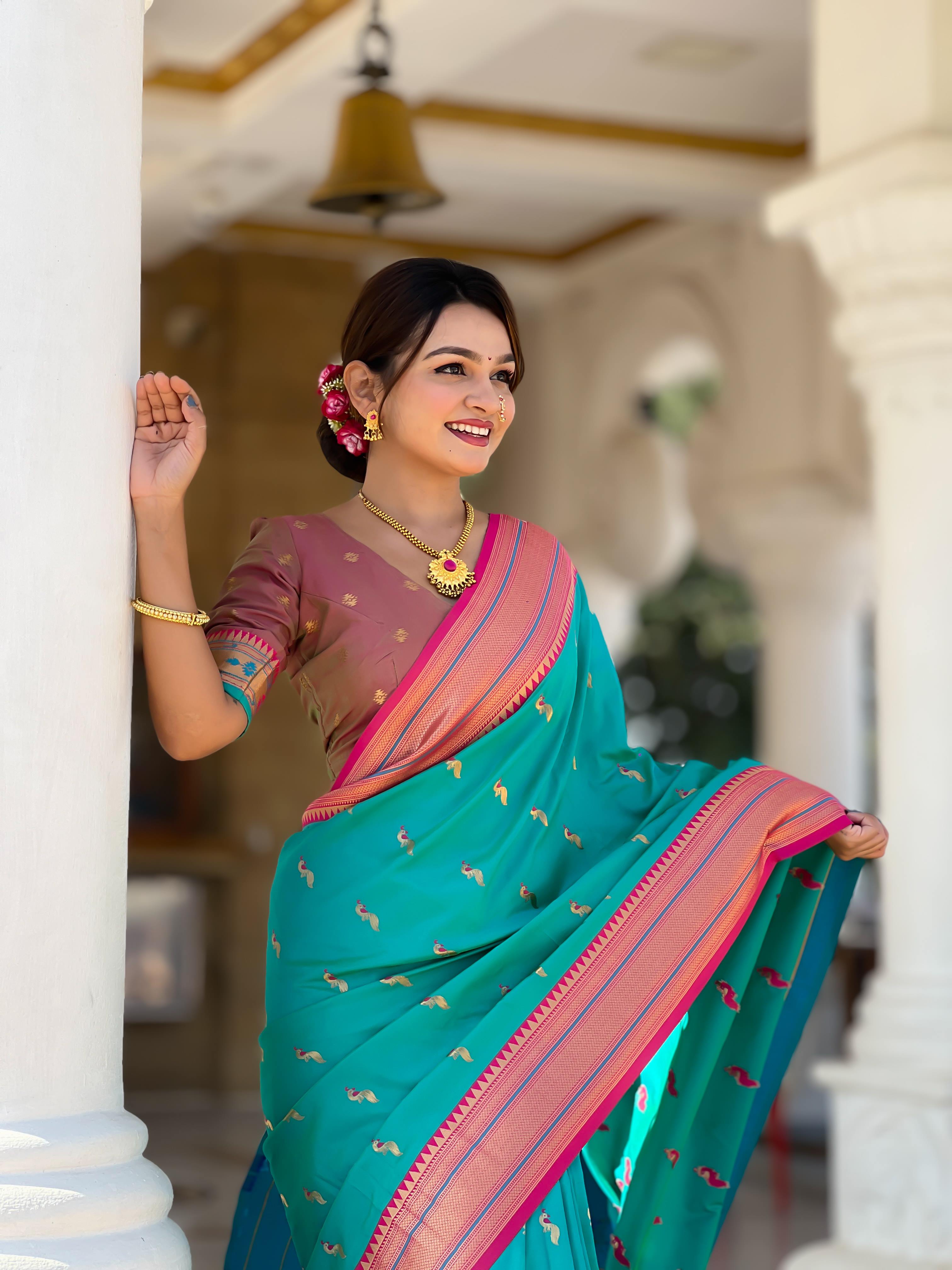 Rama Traditional Paithani Silk Saree with Tassels & Latkans – Includes Matching Blouse