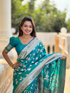 Rama Varni Fabrics Women's Traditional Banarasi Silk Saree with Woven Design & Blouse