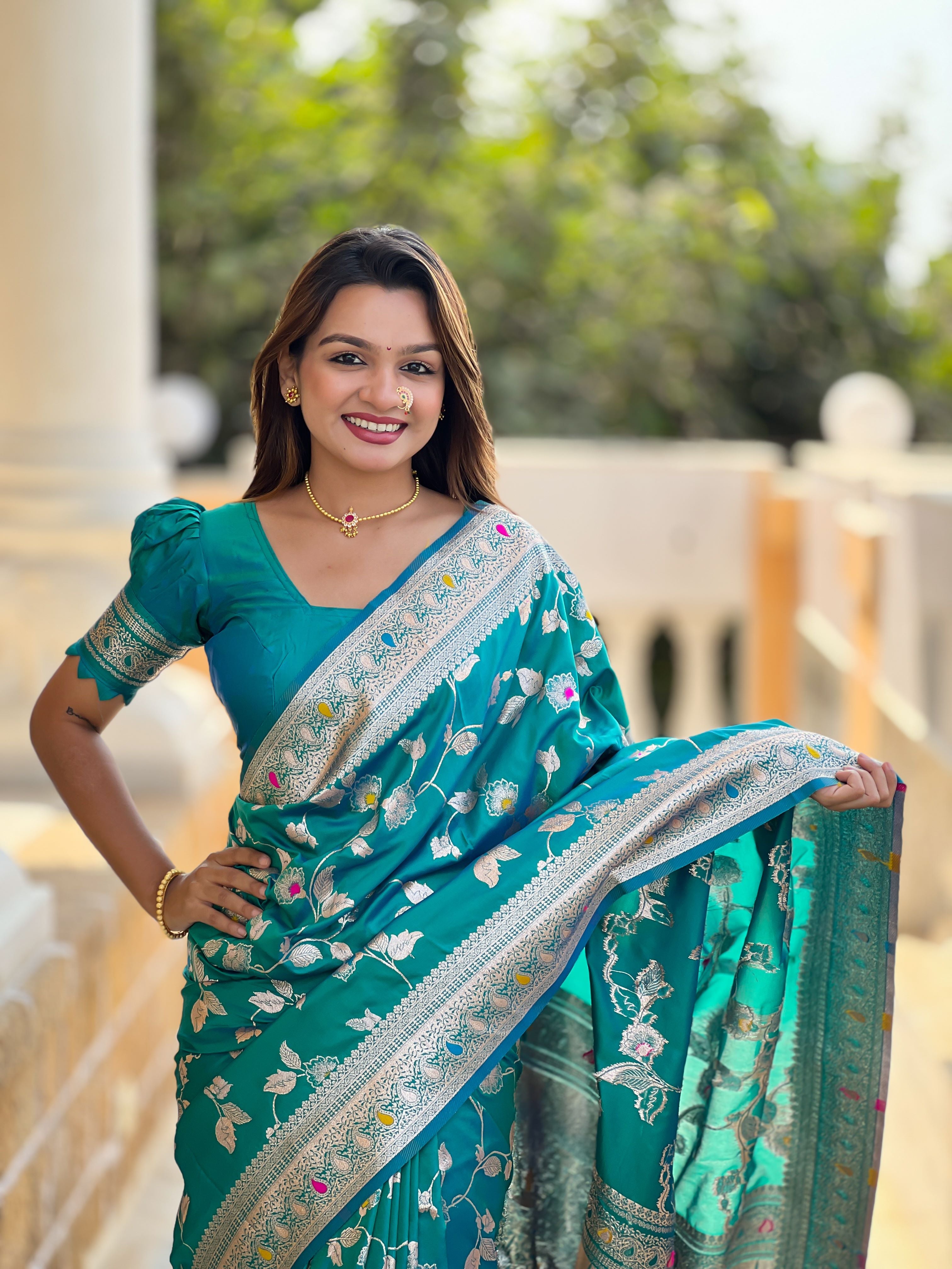 Rama Varni Fabrics Women's Traditional Banarasi Silk Saree with Woven Design & Blouse