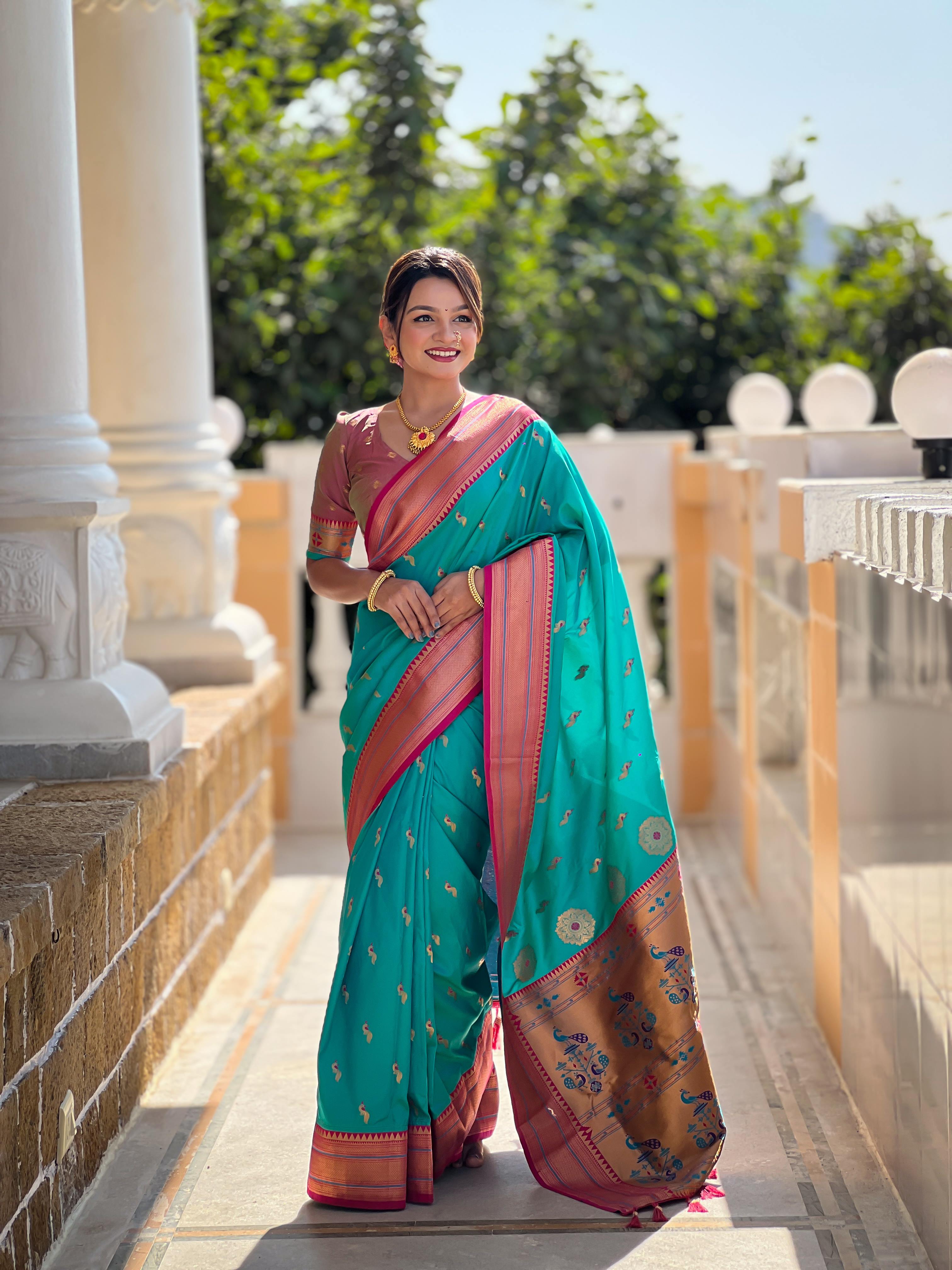 Rama Traditional Paithani Silk Saree with Tassels & Latkans – Includes Matching Blouse