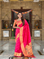 Rani Pink Paithani Silk Saree with Zari Weaving, Meenakari Pallu & Double Munia Border