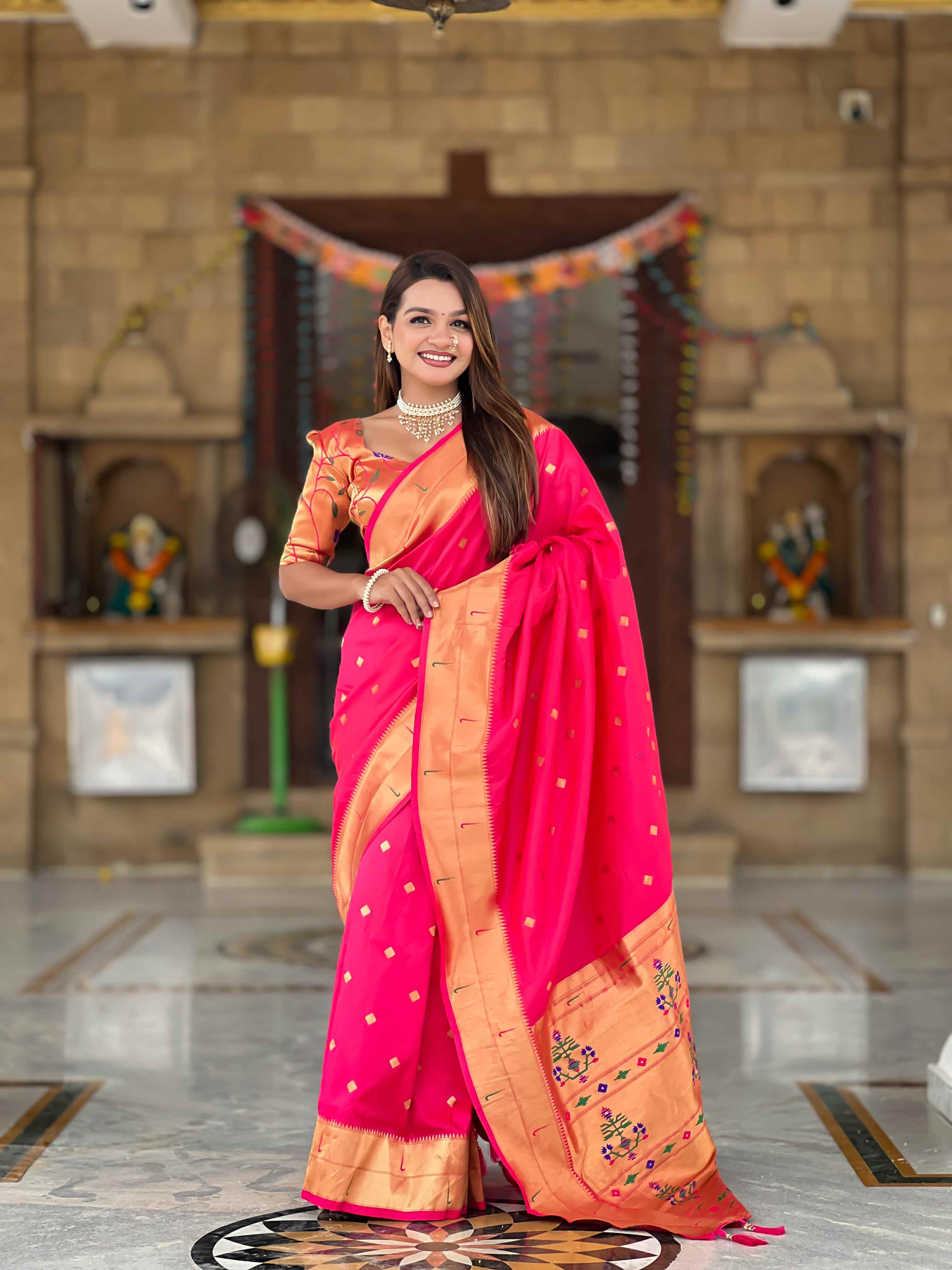 Rani Pink Paithani Silk Saree with Zari Weaving, Meenakari Pallu & Double Munia Border