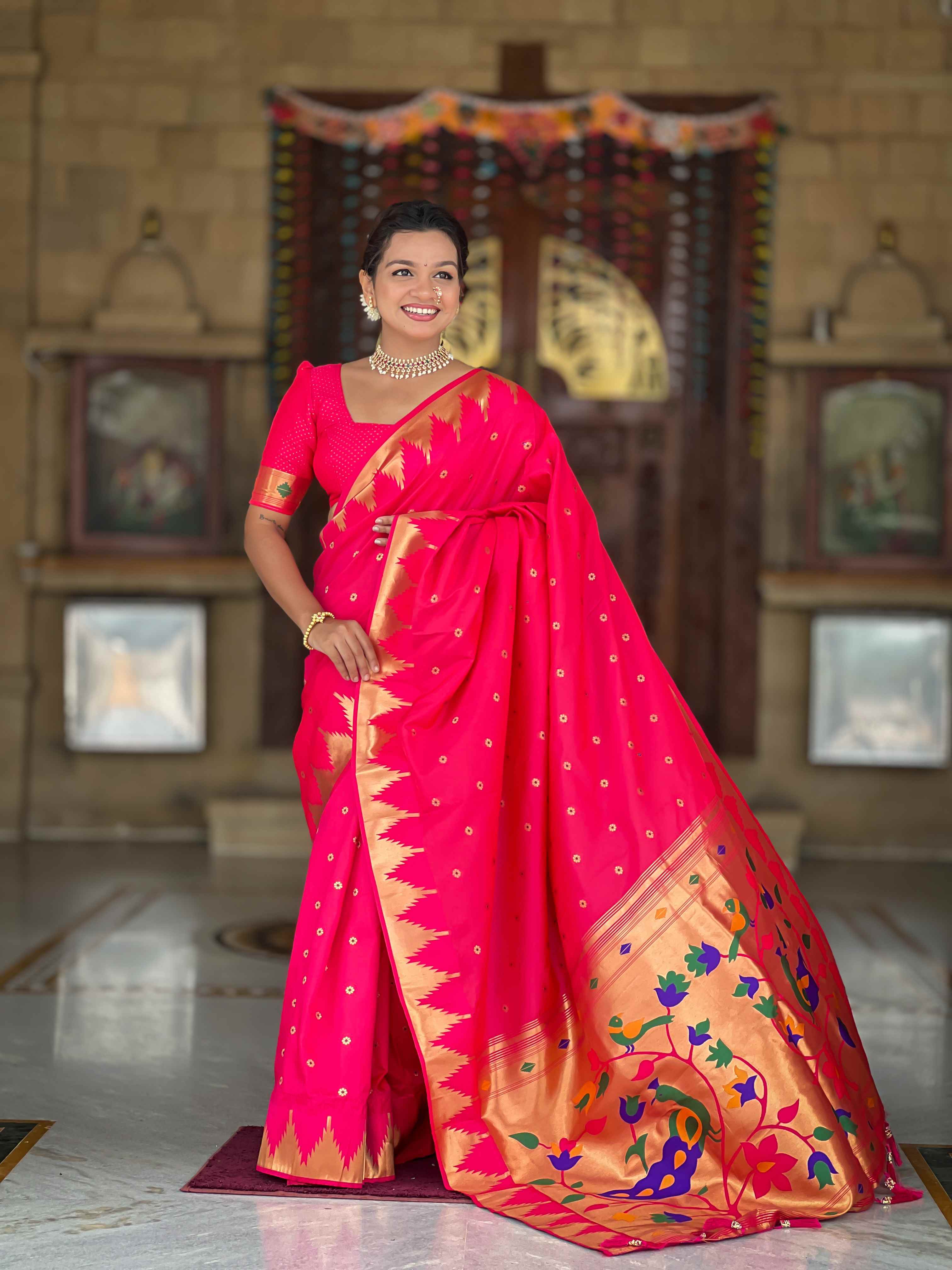 Rani Pink Paithani Silk Saree with Meenakari Rich Pallu & Temple Weaving Border