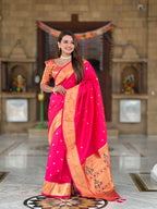 Rani Pink Paithani Silk Saree with Zari Weaving, Meenakari Pallu & Double Munia Border