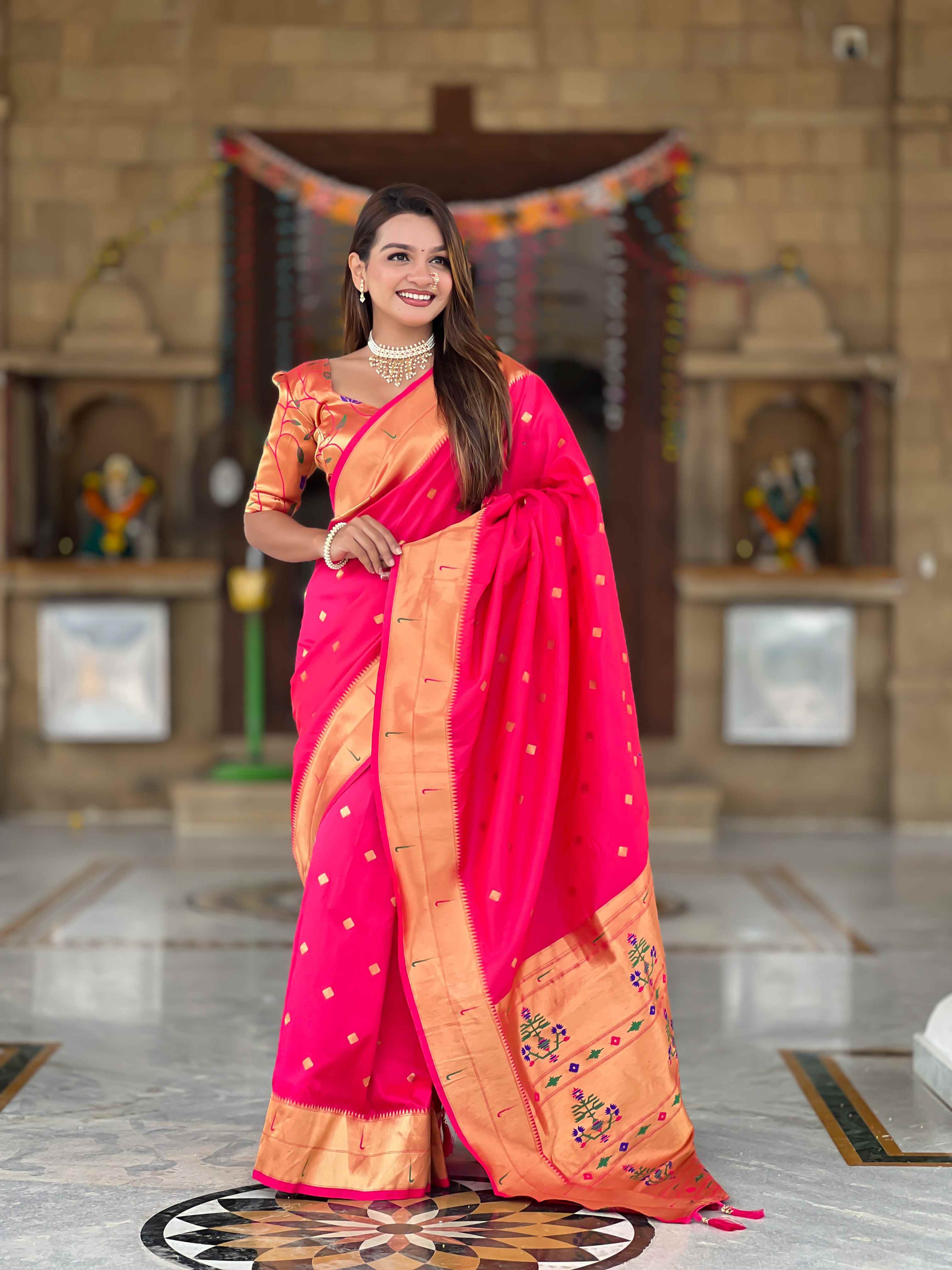 Rani Pink Paithani Silk Saree with Zari Weaving, Meenakari Pallu & Double Munia Border