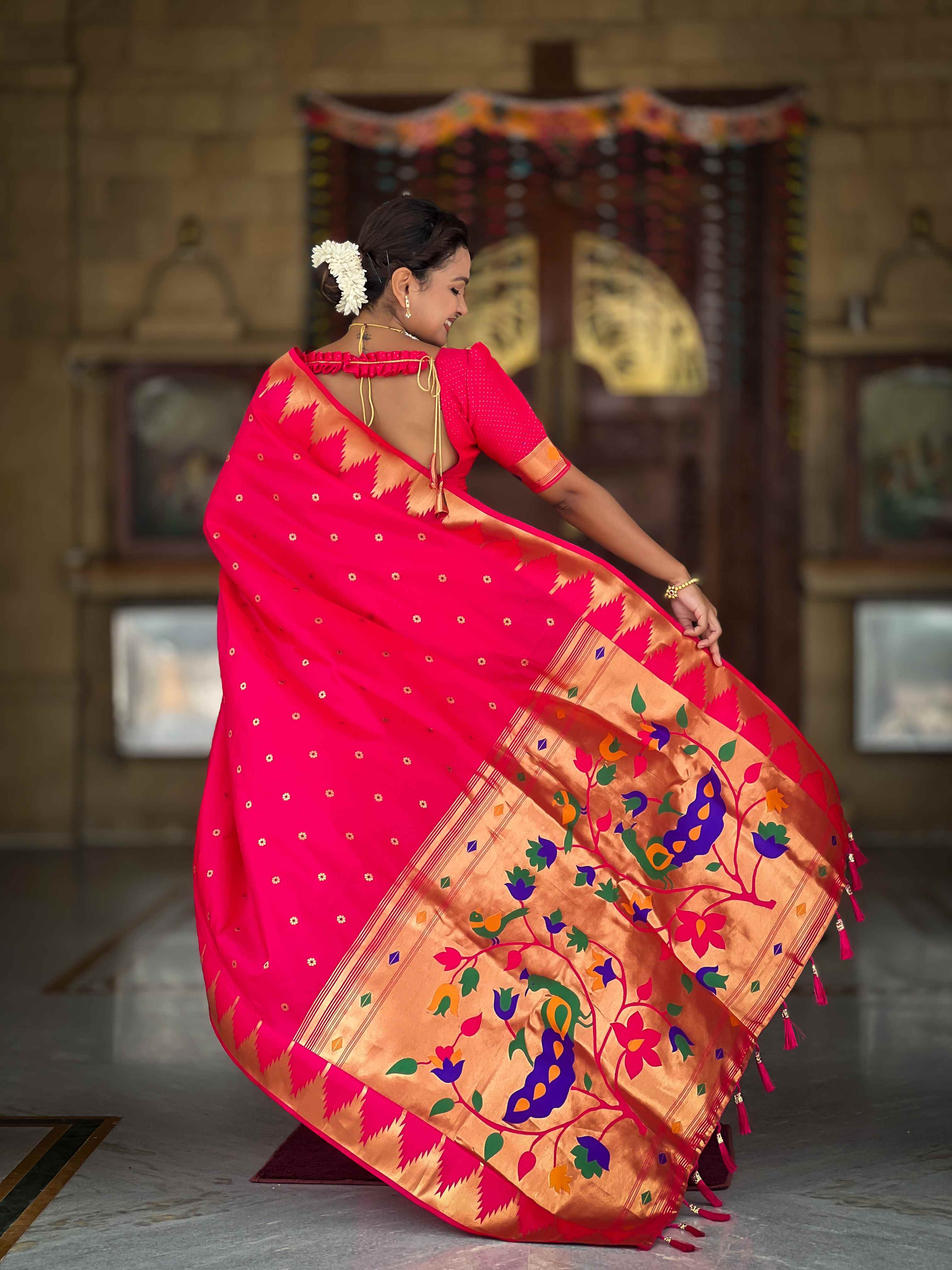 Rani Pink Paithani Silk Saree with Meenakari Rich Pallu & Temple Weaving Border
