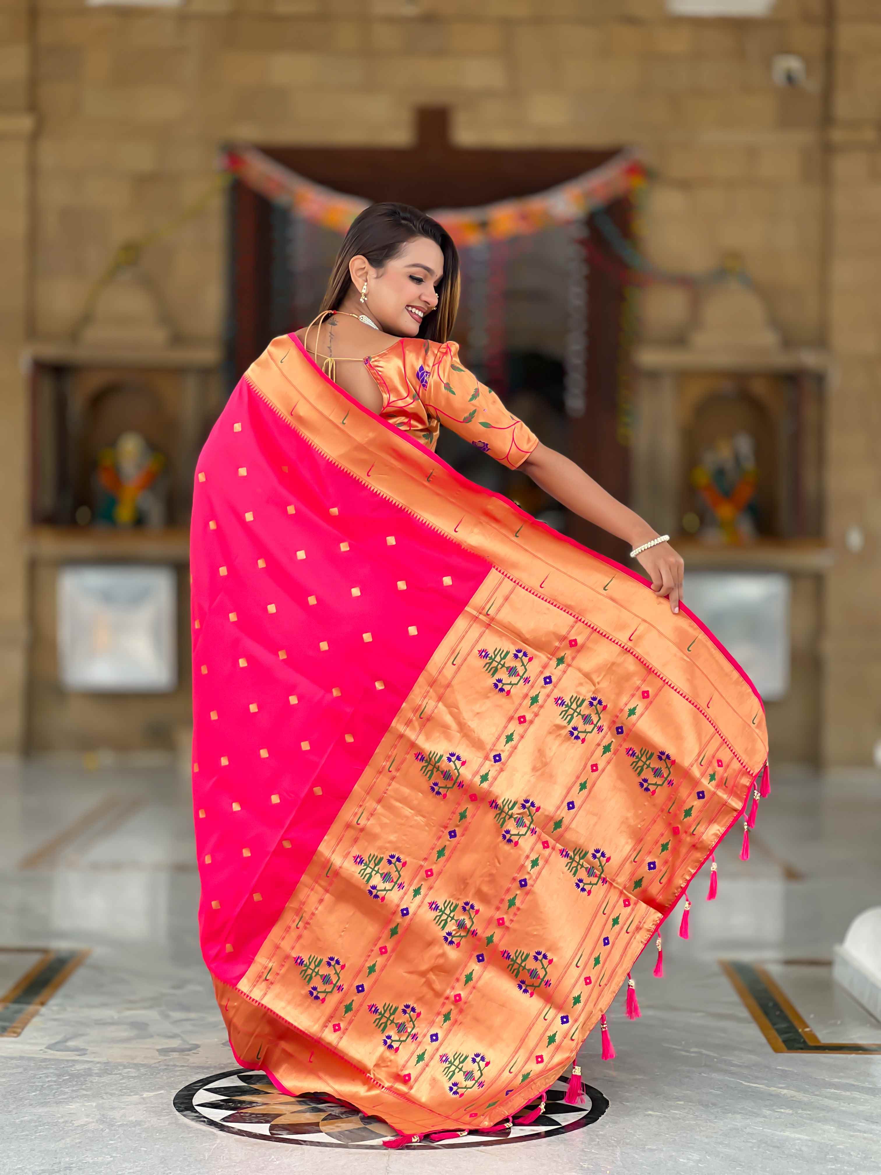 Rani Pink Paithani Silk Saree with Zari Weaving, Meenakari Pallu & Double Munia Border