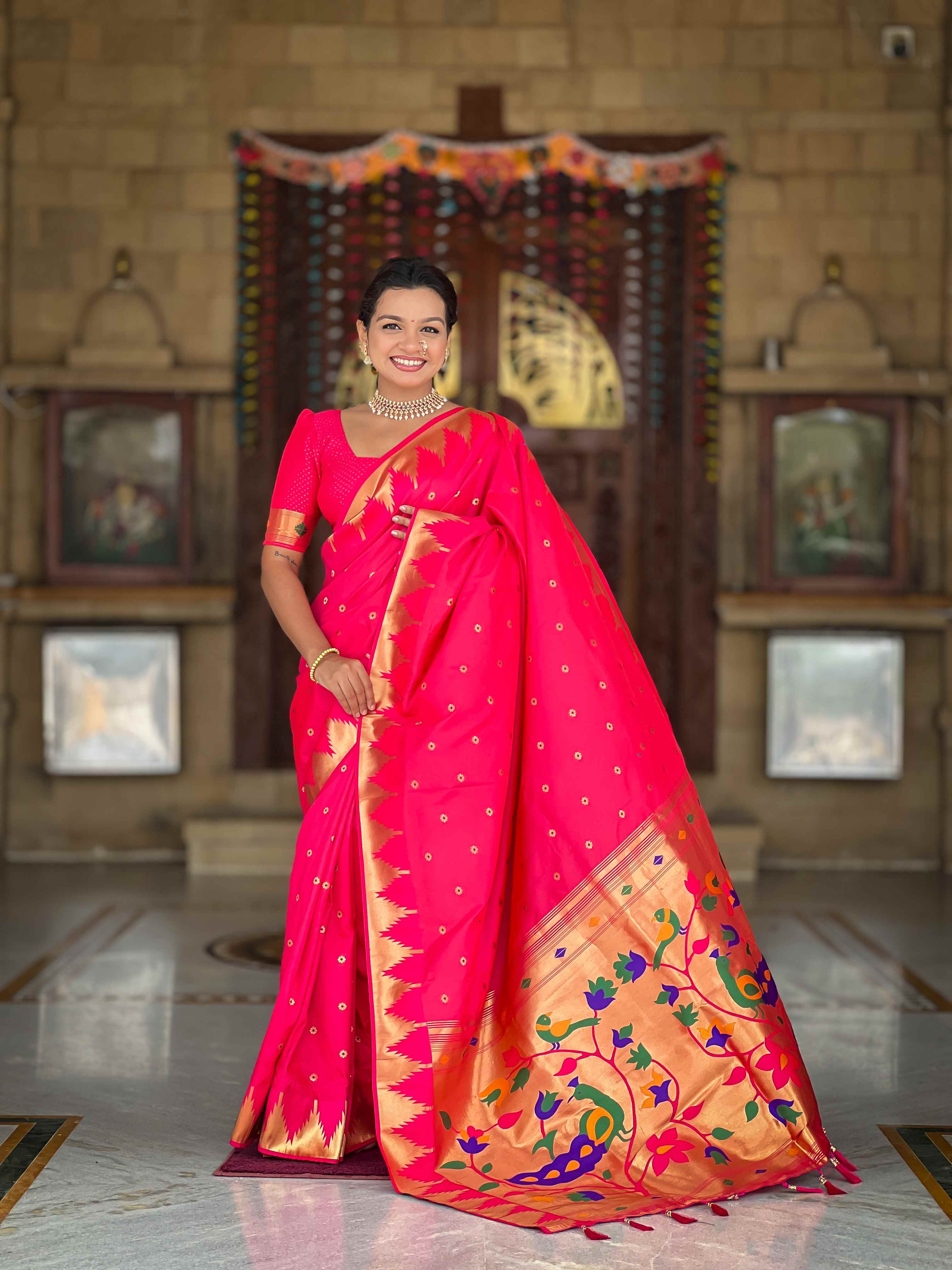 Rani Pink Paithani Silk Saree with Meenakari Rich Pallu & Temple Weaving Border