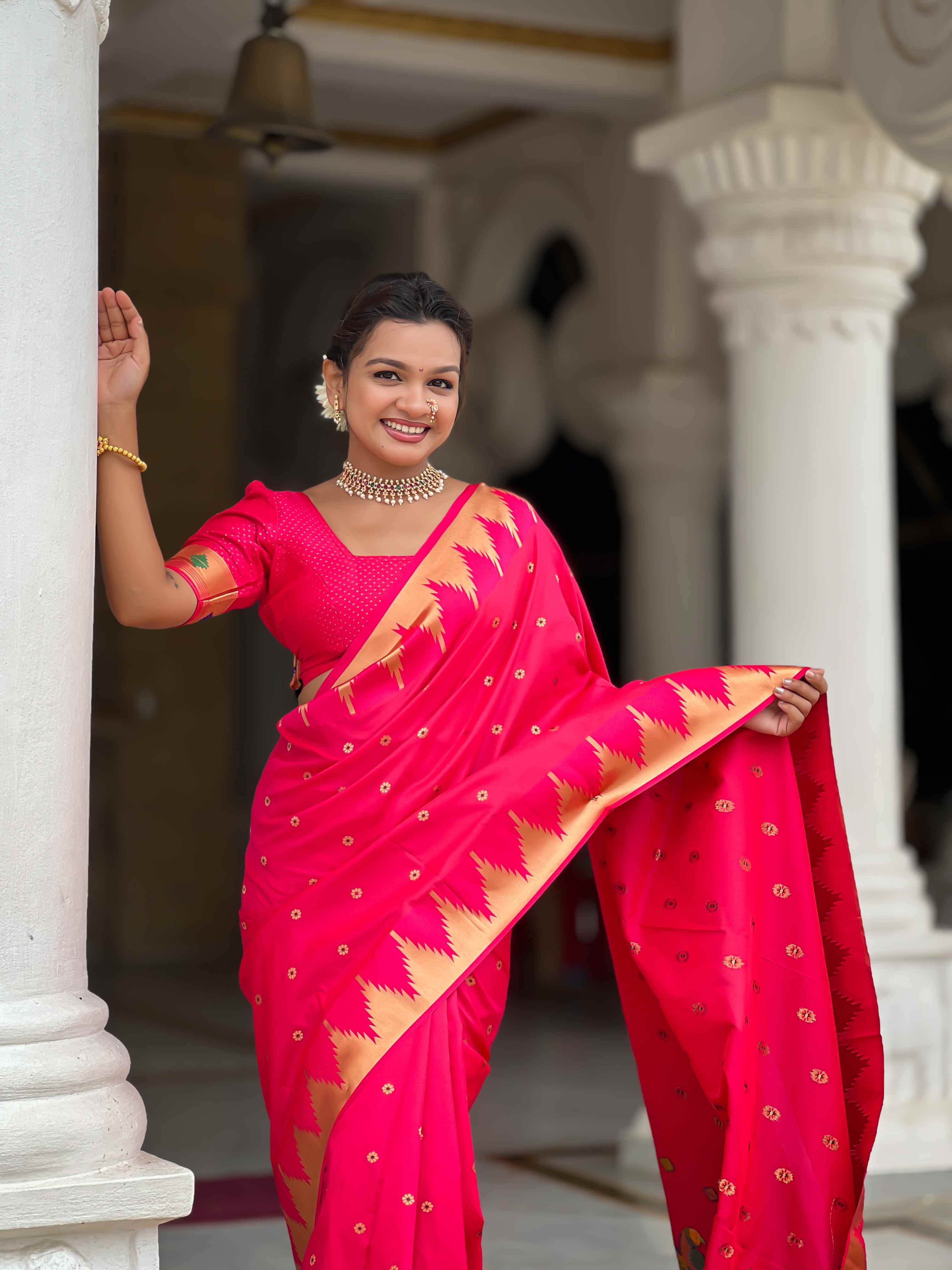 Rani Pink Paithani Silk Saree with Meenakari Rich Pallu & Temple Weaving Border