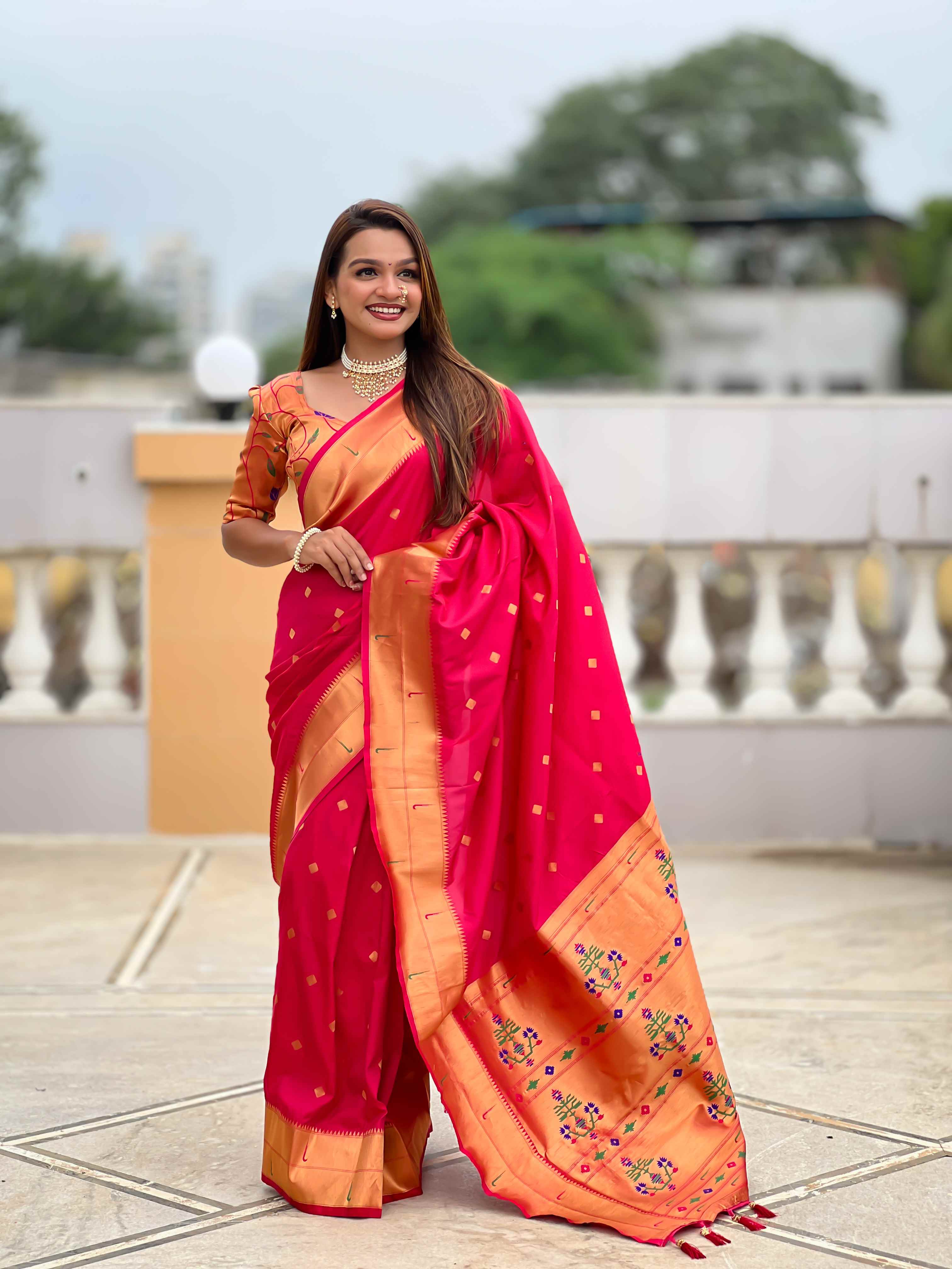 Rani Pink Paithani Silk Saree with Zari Weaving, Meenakari Pallu & Double Munia Border
