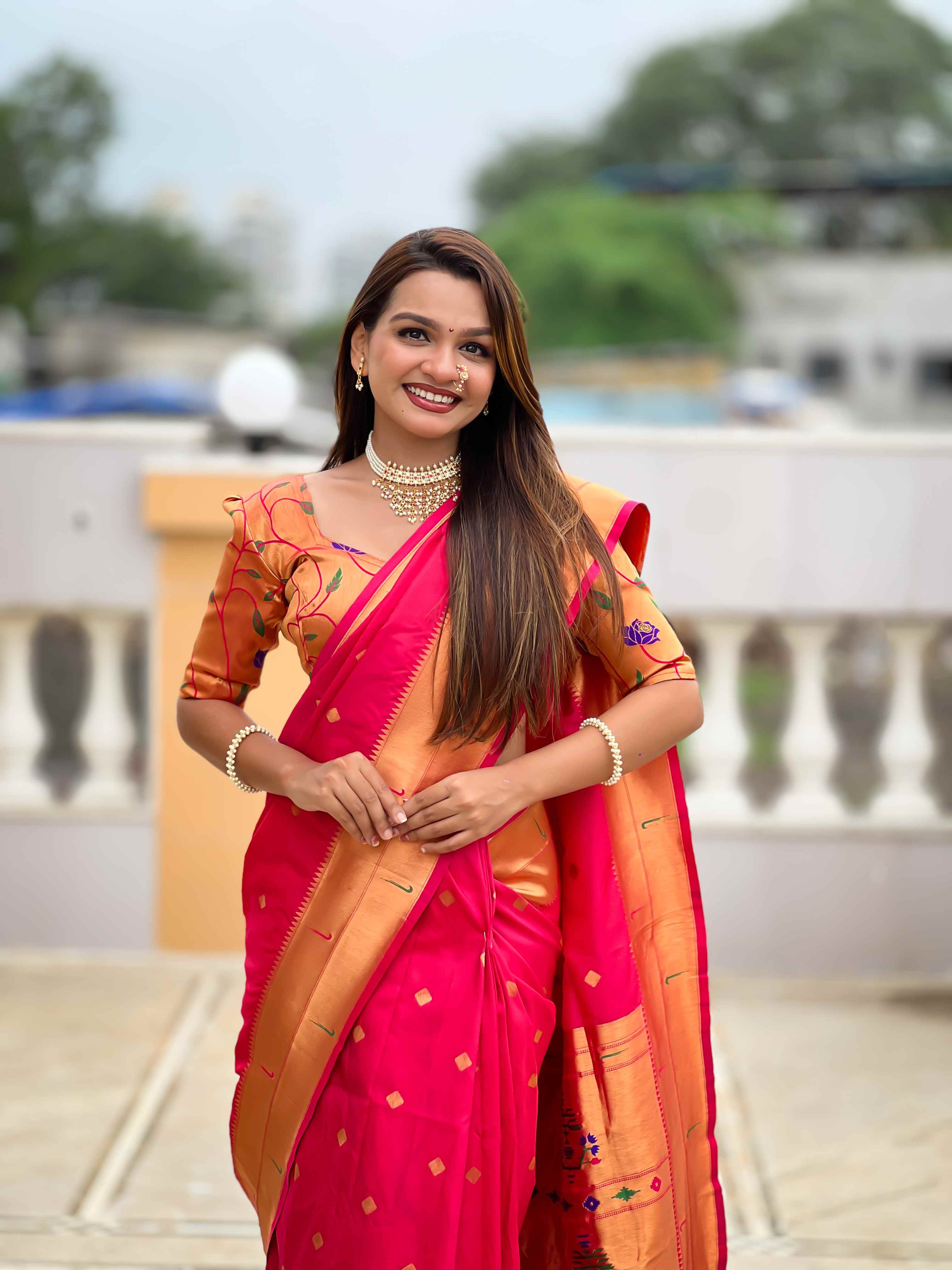 Rani Pink Paithani Silk Saree with Zari Weaving, Meenakari Pallu & Double Munia Border