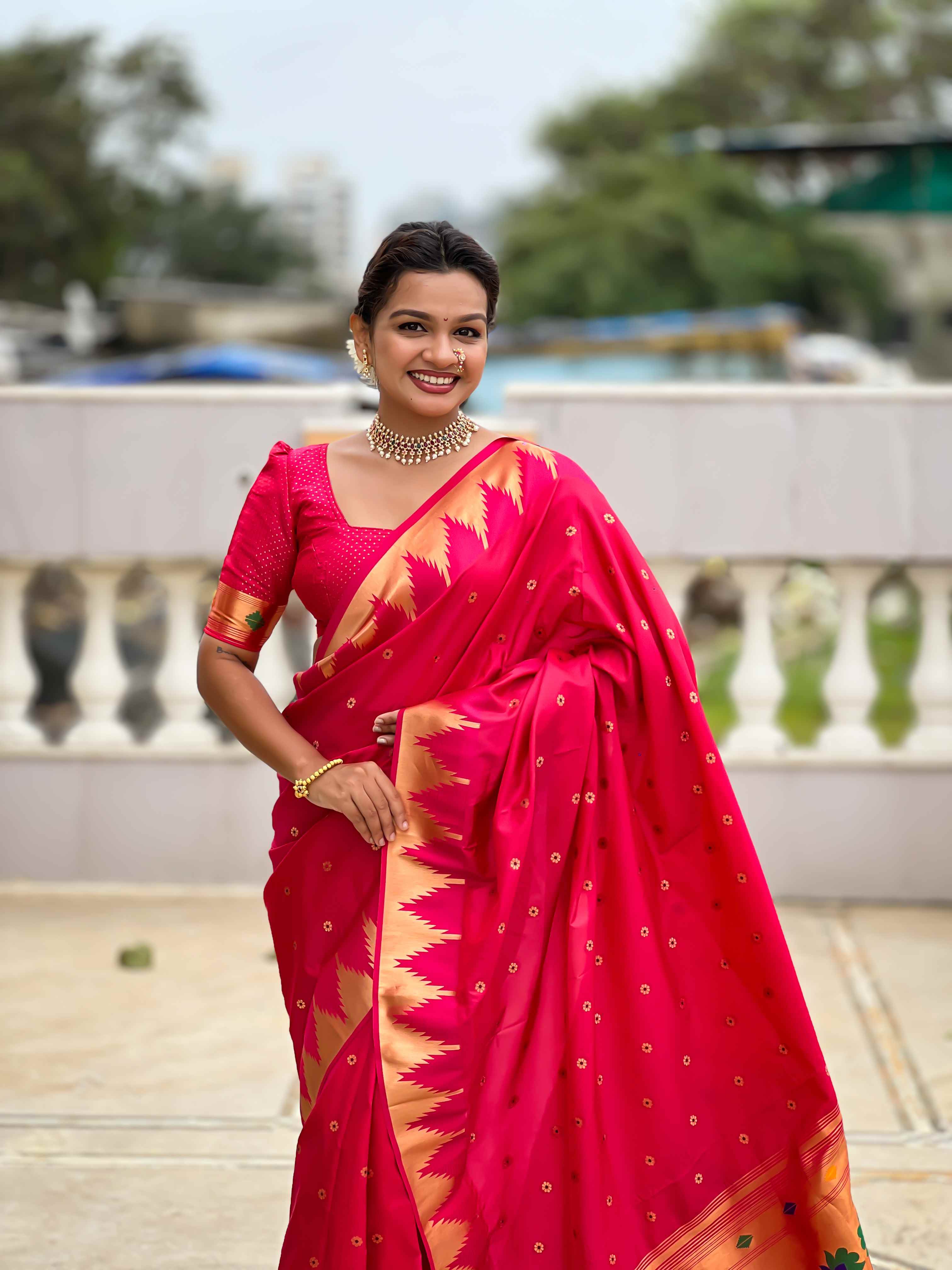 Rani Pink Paithani Silk Saree with Meenakari Rich Pallu & Temple Weaving Border