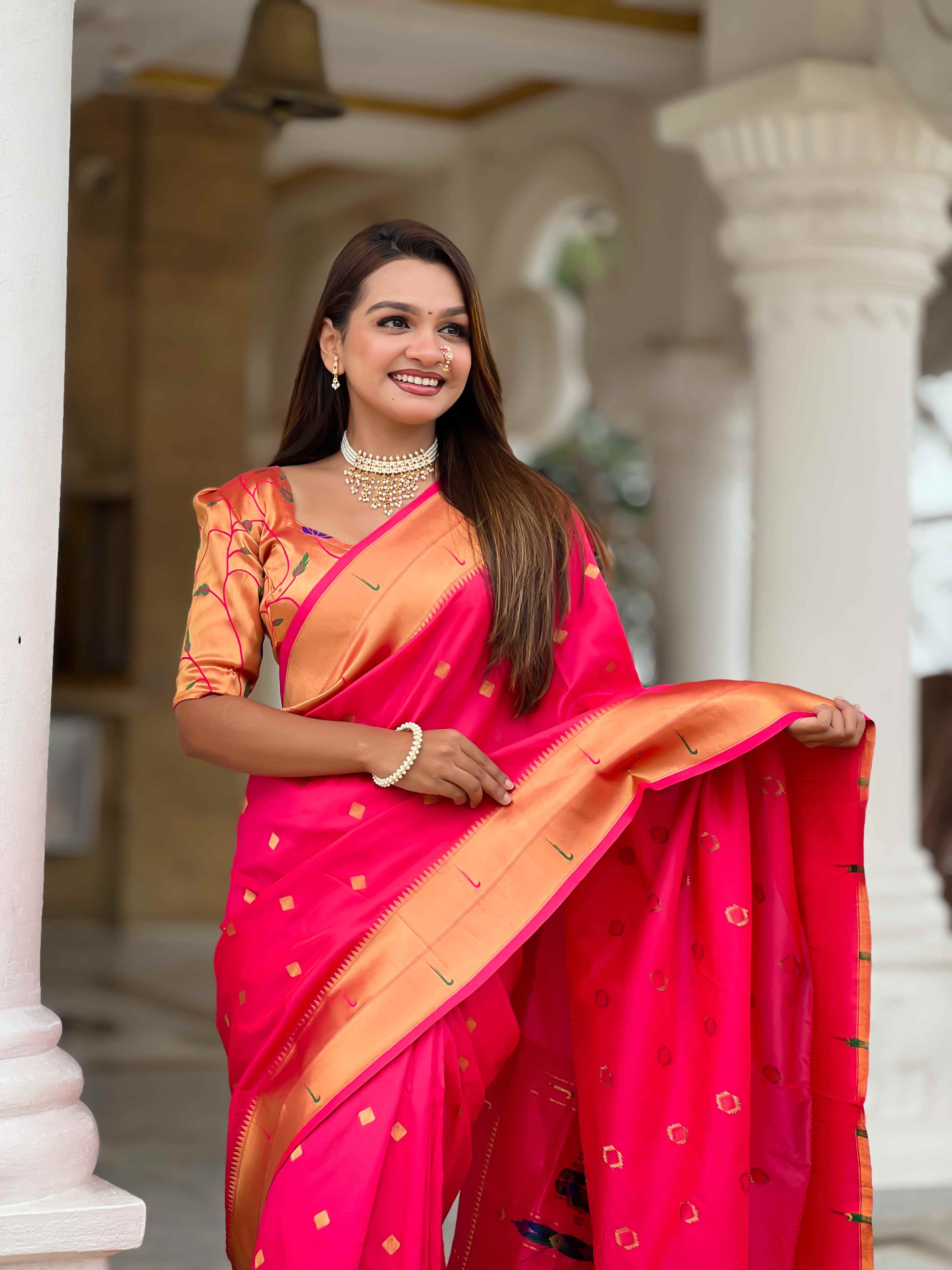 Rani Pink Paithani Silk Saree with Zari Weaving, Meenakari Pallu & Double Munia Border