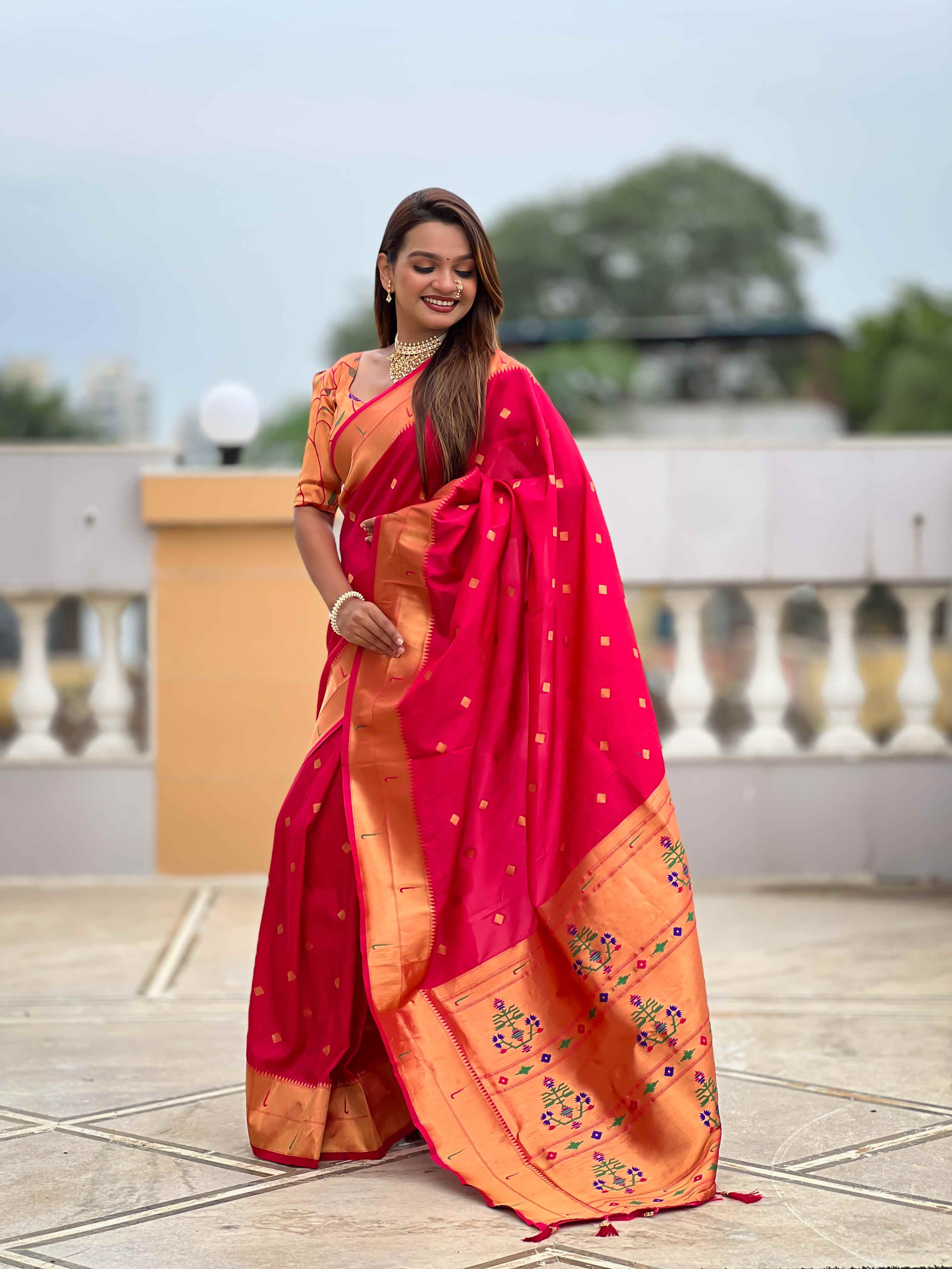 Rani Pink Paithani Silk Saree with Zari Weaving, Meenakari Pallu & Double Munia Border